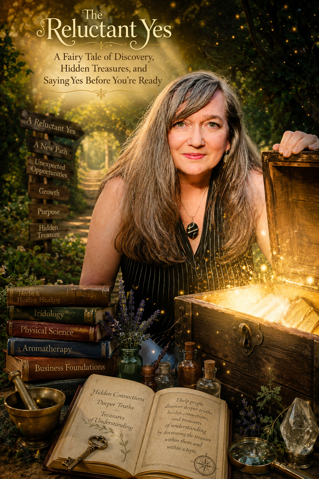 Beth Hovis in a glowing fairy-tale scene beside an open treasure chest, surrounded by books on iridology, natural wellness, aromatherapy, physical science, and business foundations, representing discovery, hidden treasure, purpose, and learning.