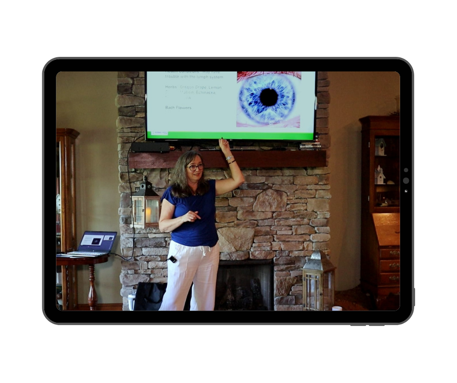 Beth Hovis instructing iridology at a Brilliant Health Weekend Away, presenting iris patterns and analysis during a live training session.