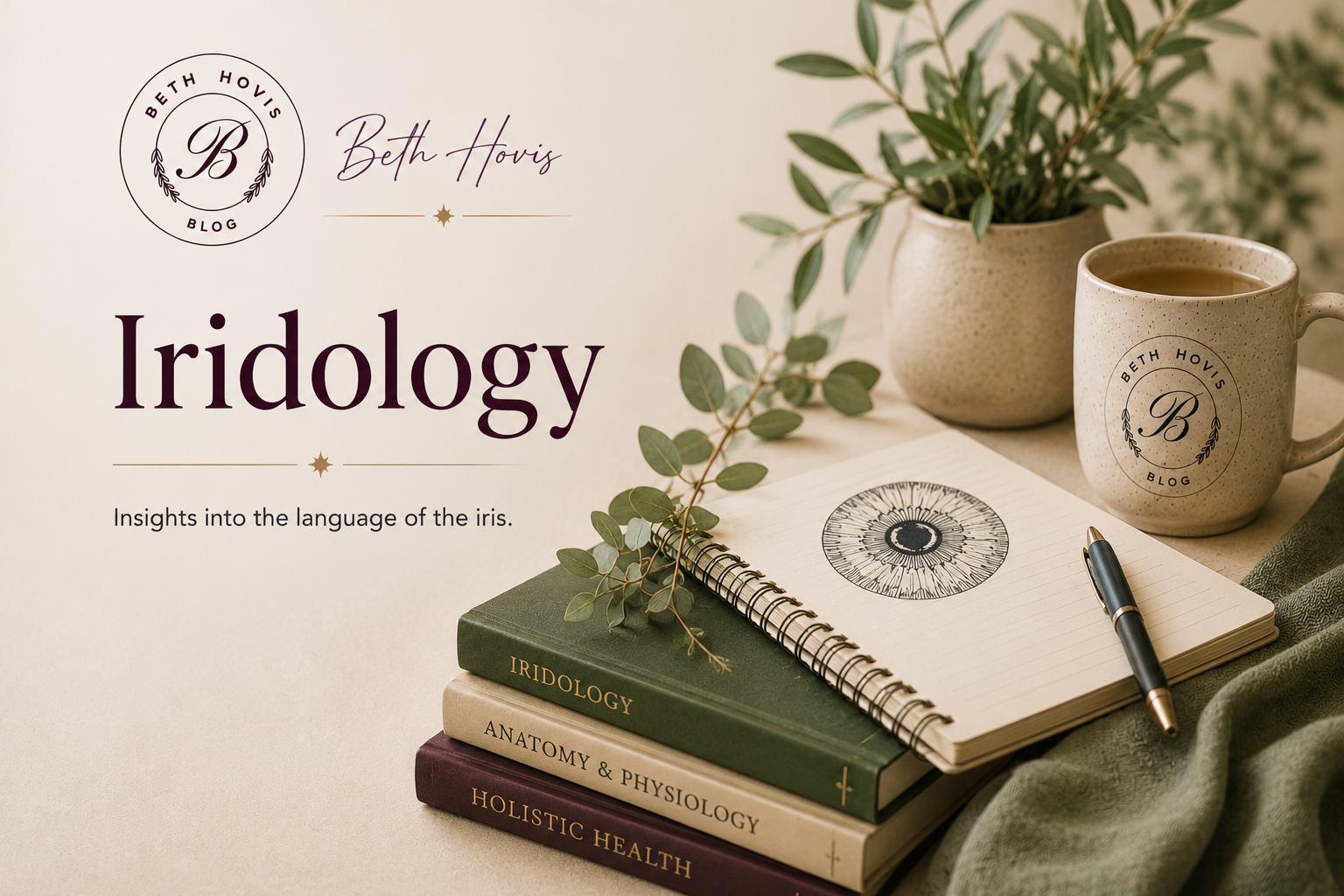 Iridology blog section banner with books, an iris sketch notebook, botanical accents, and minimalist wellness styling in soft natural tones.