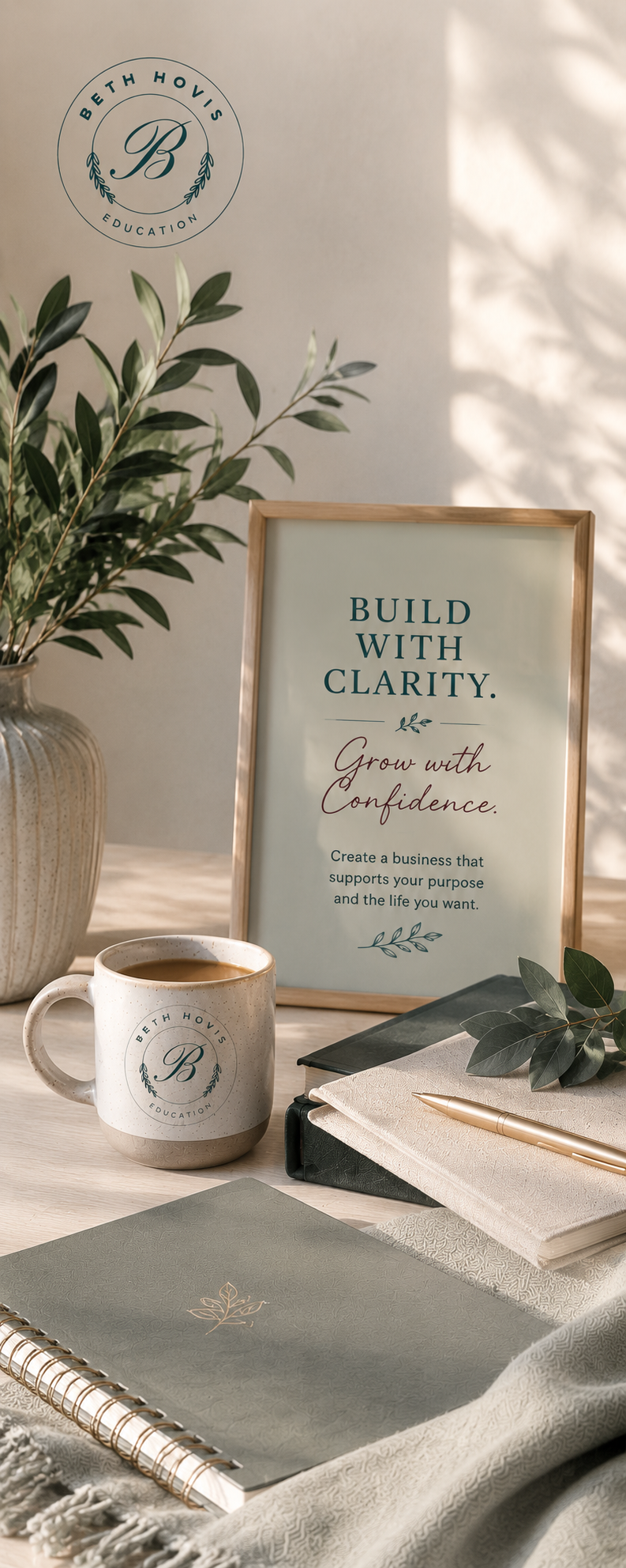 Elegant workspace scene featuring Beth Hovis Education branding, botanical elements, books, a framed “Build With Clarity. Grow with Confidence.” message, and natural wellness-inspired desk styling in soft neutral and teal tones.