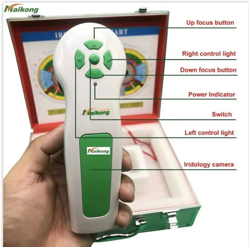 Handheld Maikong Iriscope 9822U iridology camera showing labeled buttons and controls.