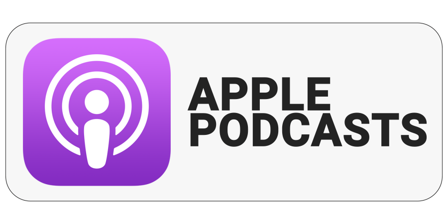 Apple Podcasts logo with purple background and podcast icon, next to the text 'Apple Podcasts'