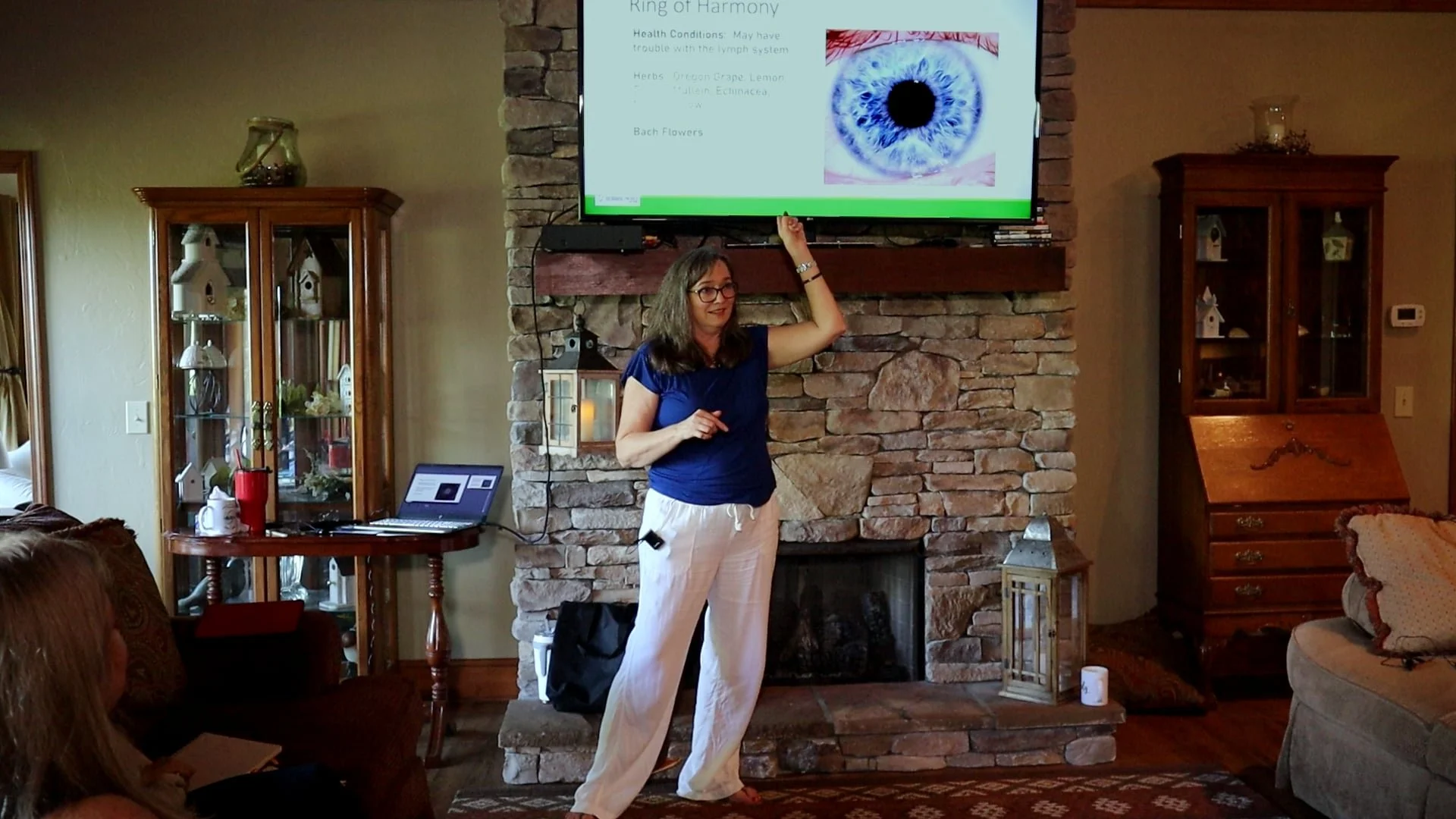 Beth Hovis teaching iridology to wellness practitioners in a live class setting, demonstrating iris analysis on screen.