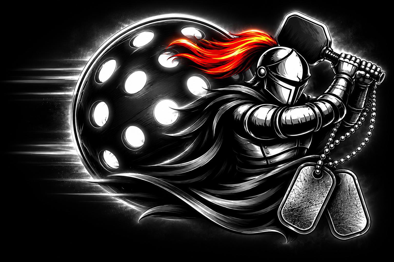 Jarhead Pickleball warrior logo featuring a knight with pickleball paddle and dog tags