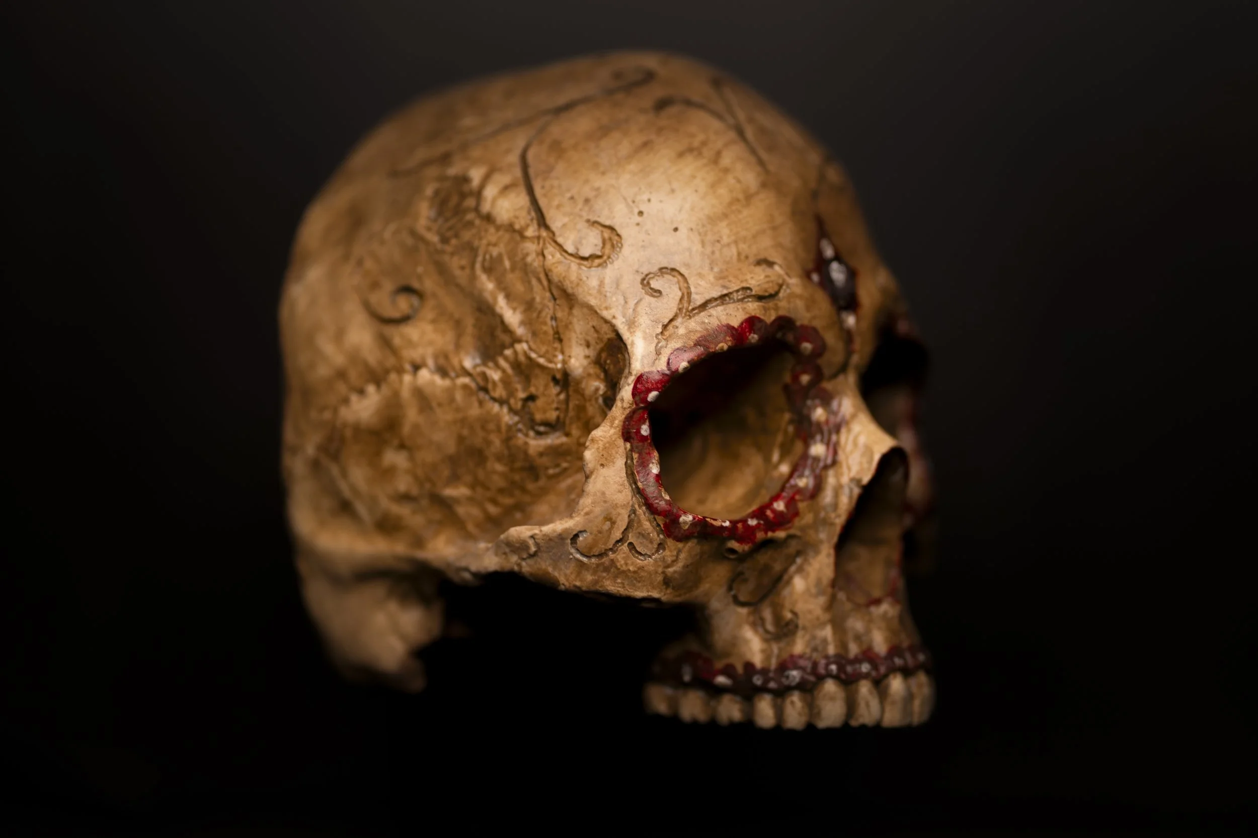 A close-up photo of a weathered human skull with red accents around the eye sockets and mouth, set against a dark background.