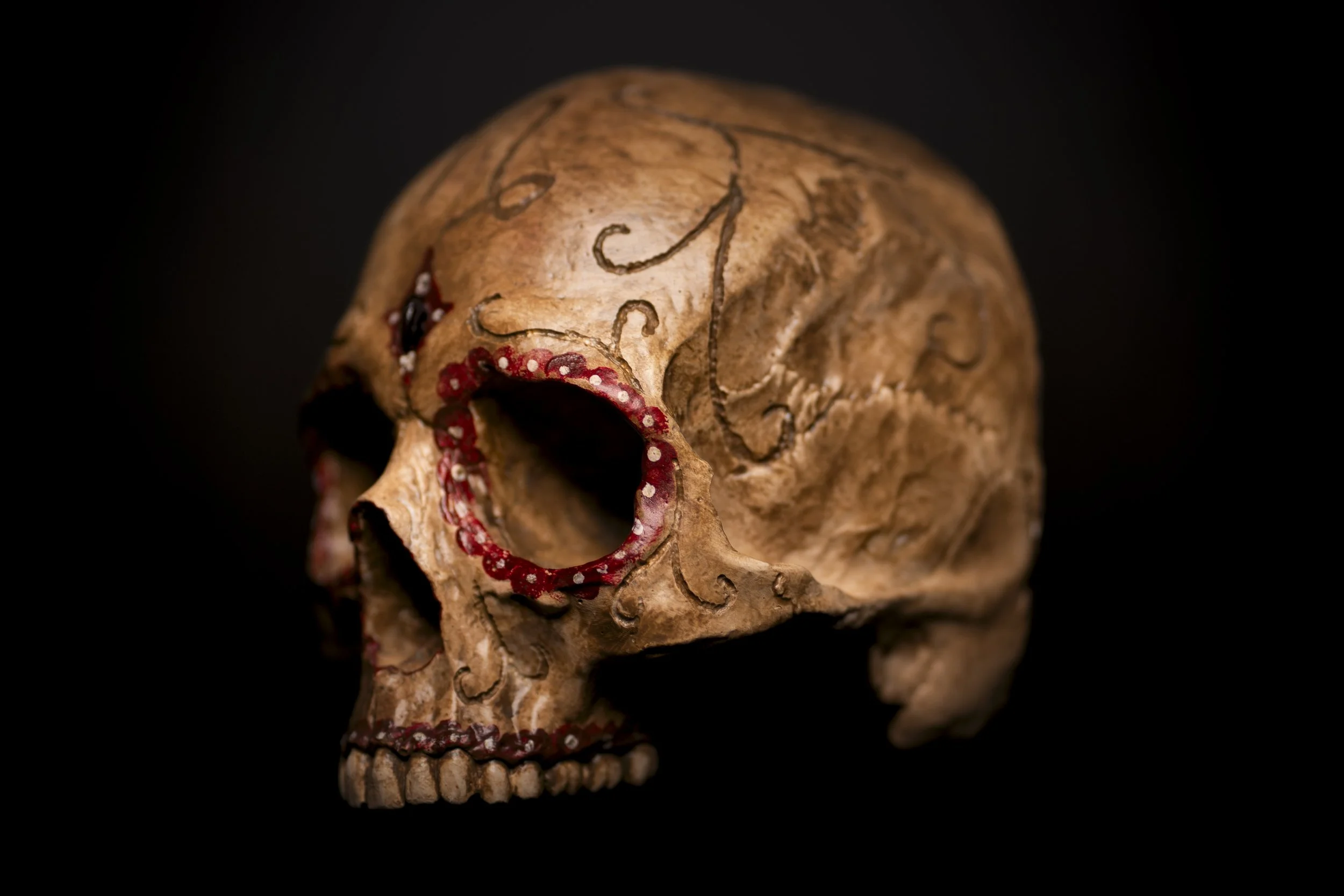 A sculpted human skull with ornate red and white decoration around the eye socket and mouth, set against a black background.
