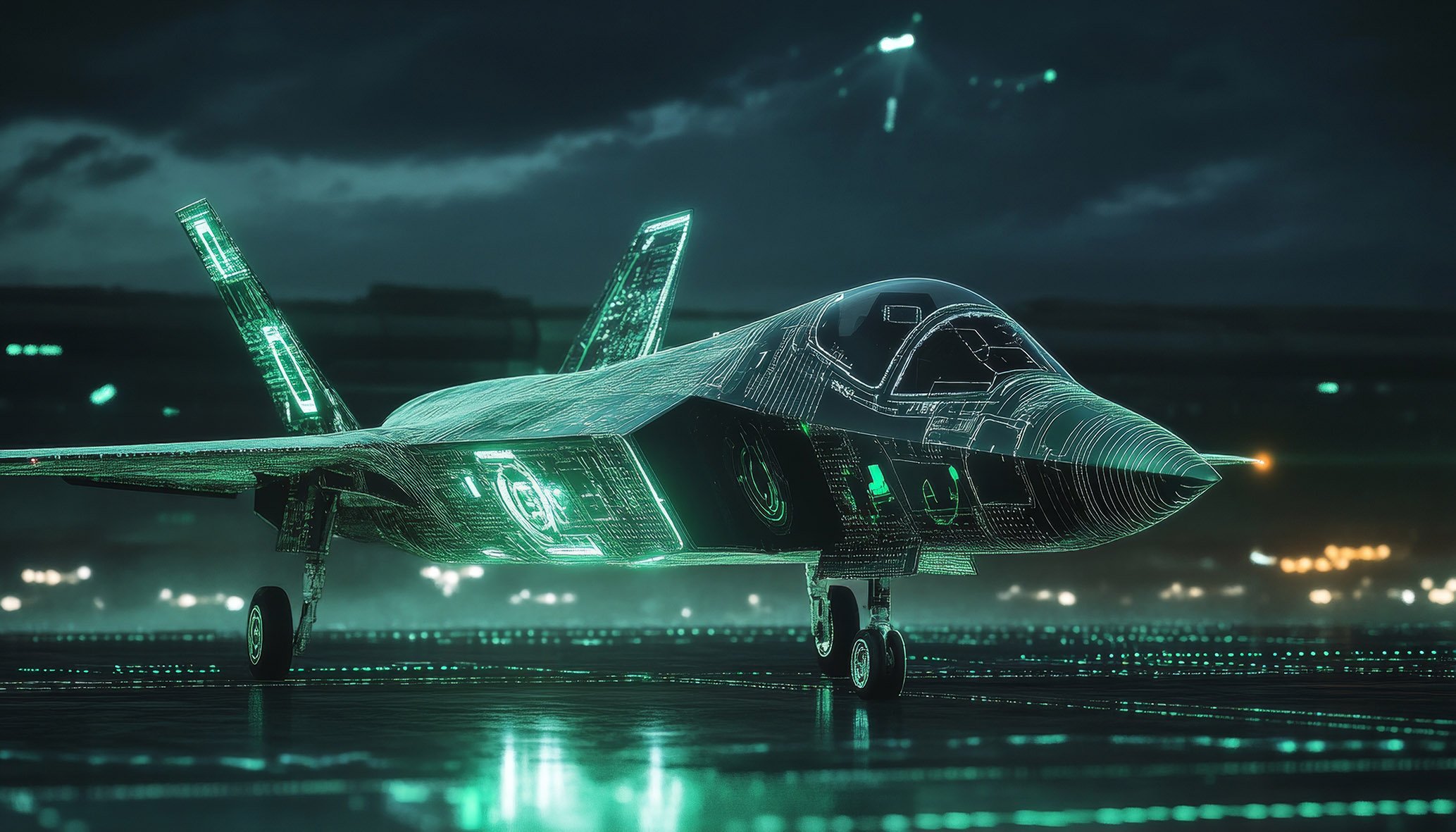 A digital rendering of a futuristic fighter jet with glowing circuit-like patterns on its surface, parked on a runway at night, with a dark cloudy sky and city lights in the background.