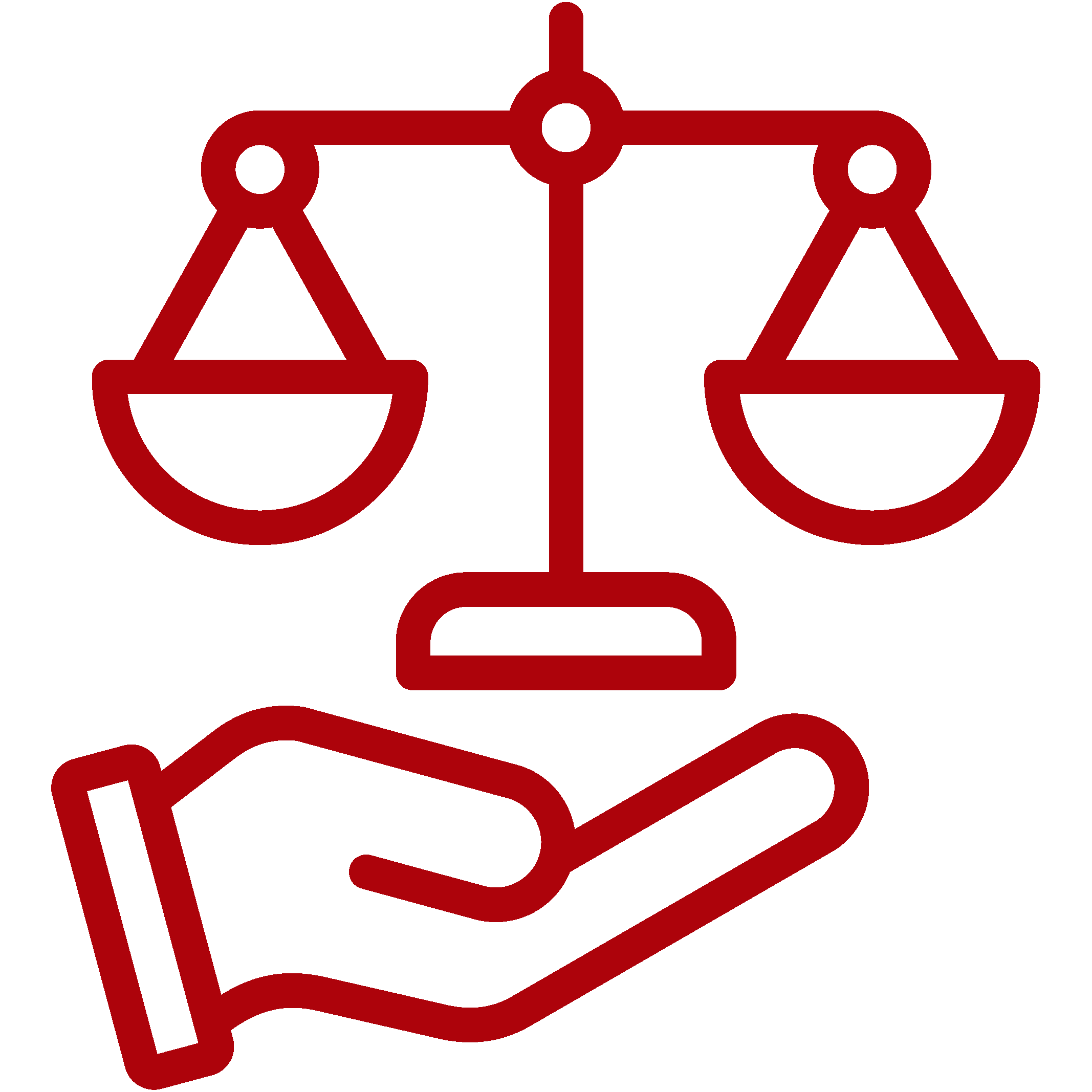Red outline of a hand holding a scale of justice.