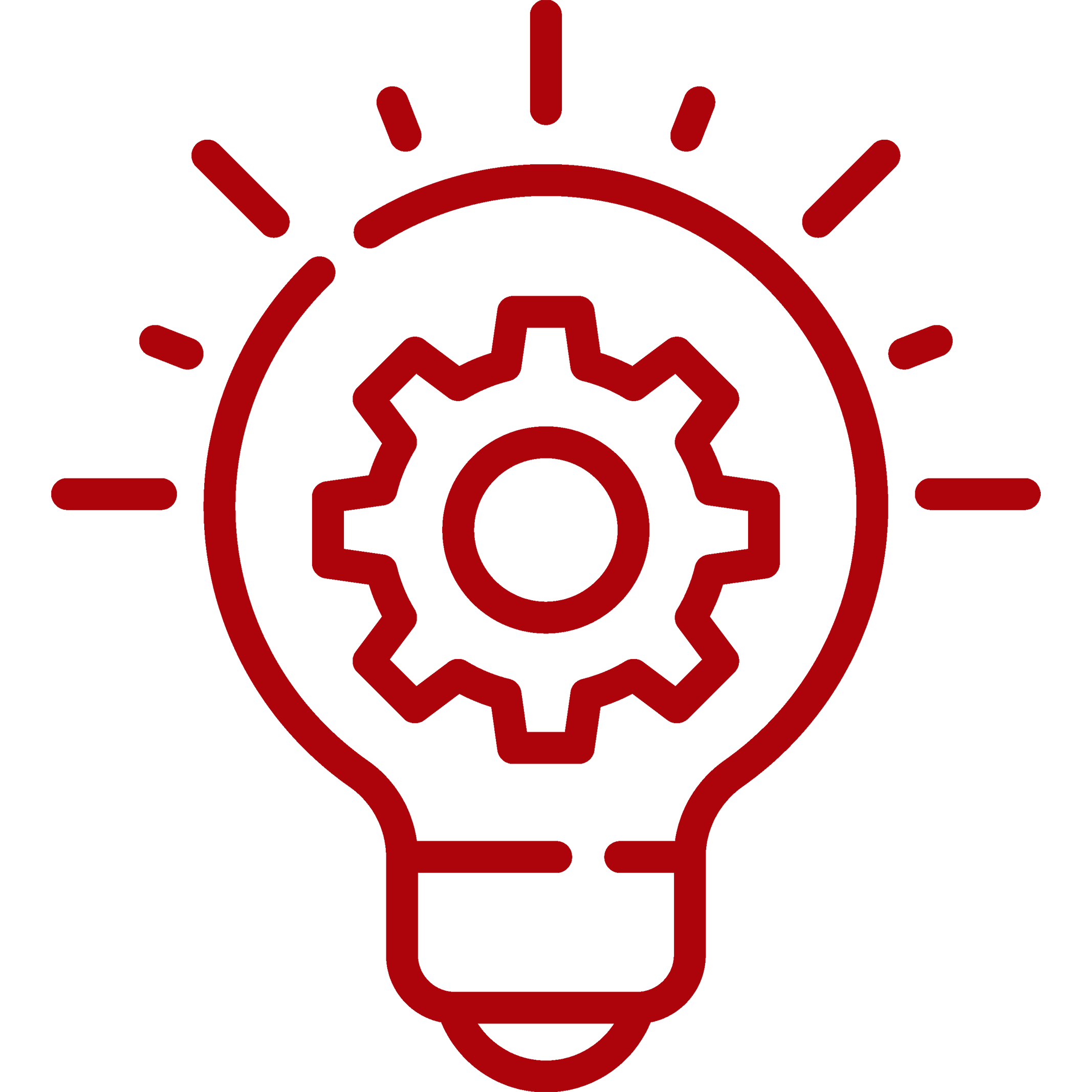 Red outline of a lightbulb with a gear inside and light rays around the bulb.