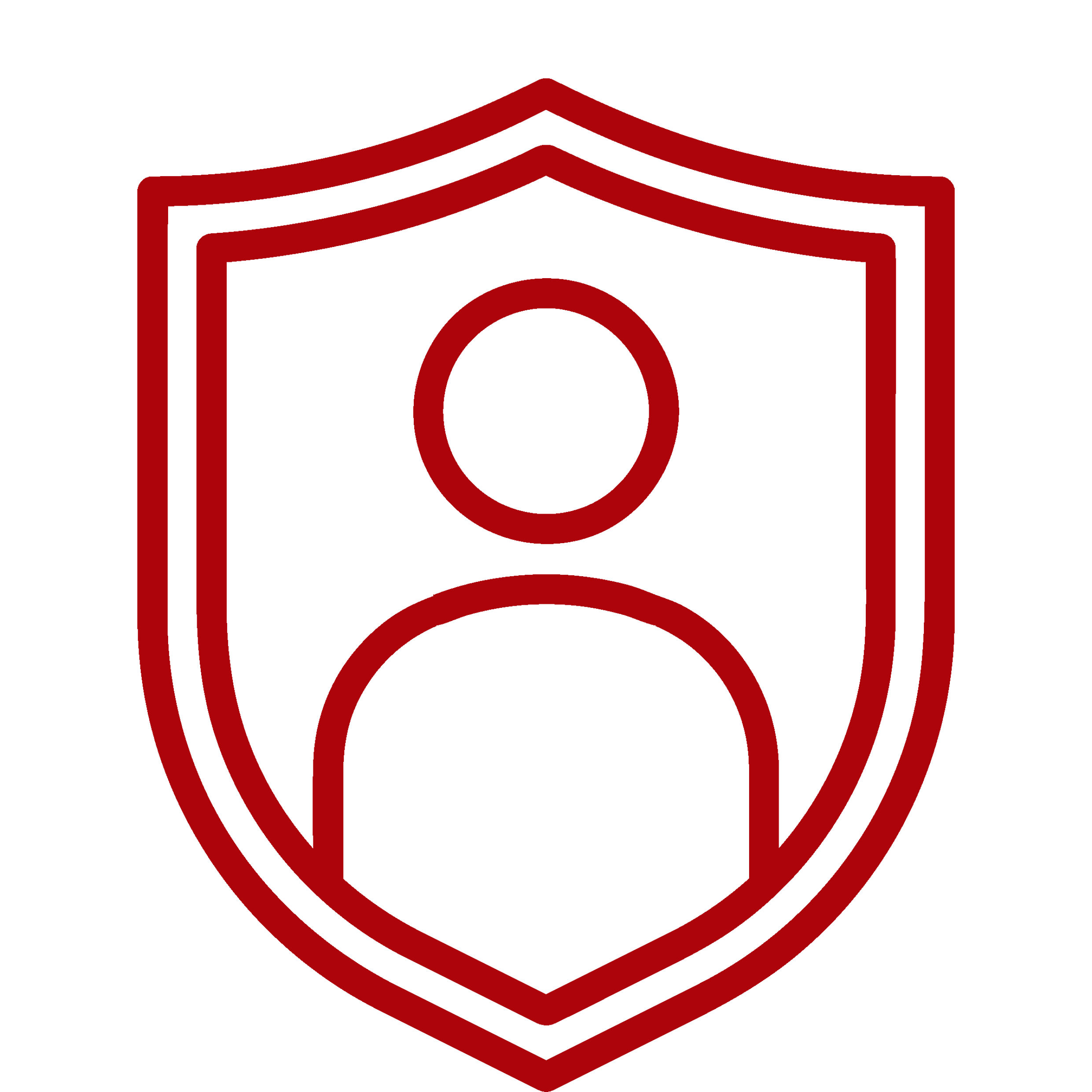 Outline of a shield with a person icon inside, in red and black colors.