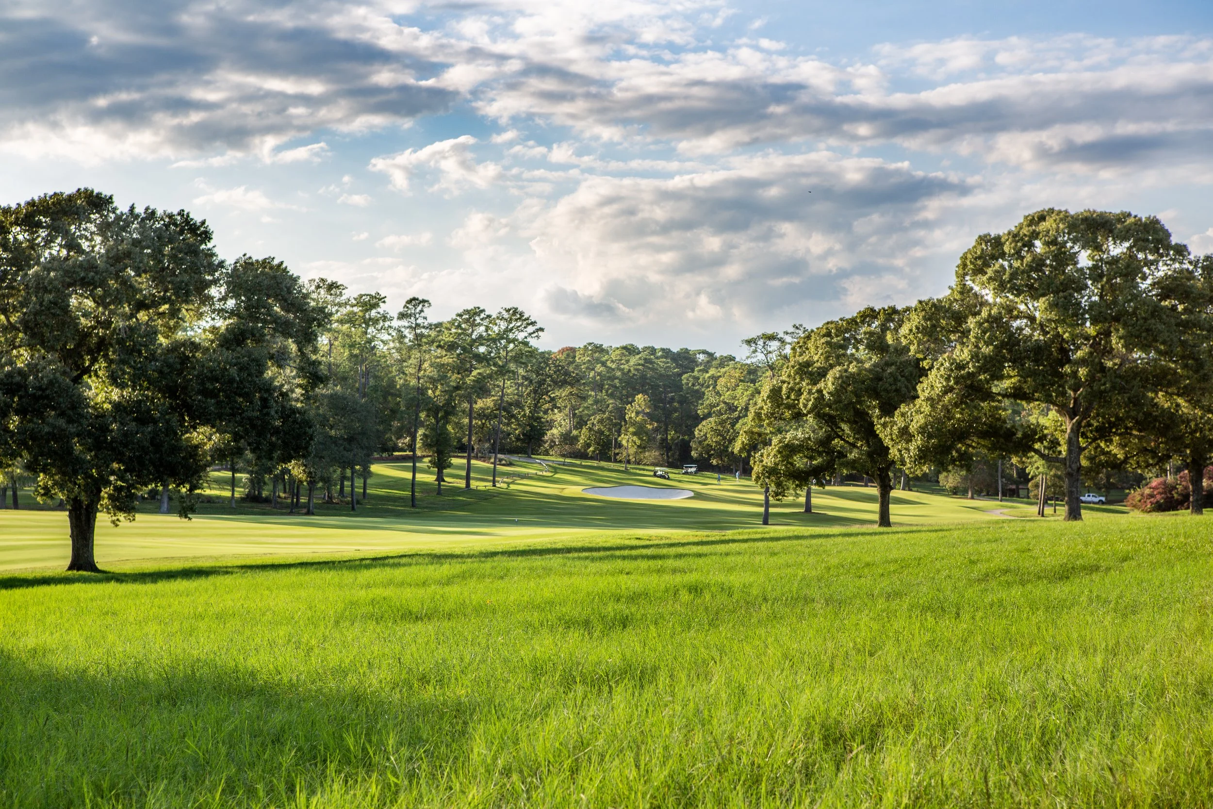 A scenic view of a golf course with green grass, scattered trees, sand bunkers, and a partly cloudy sky.