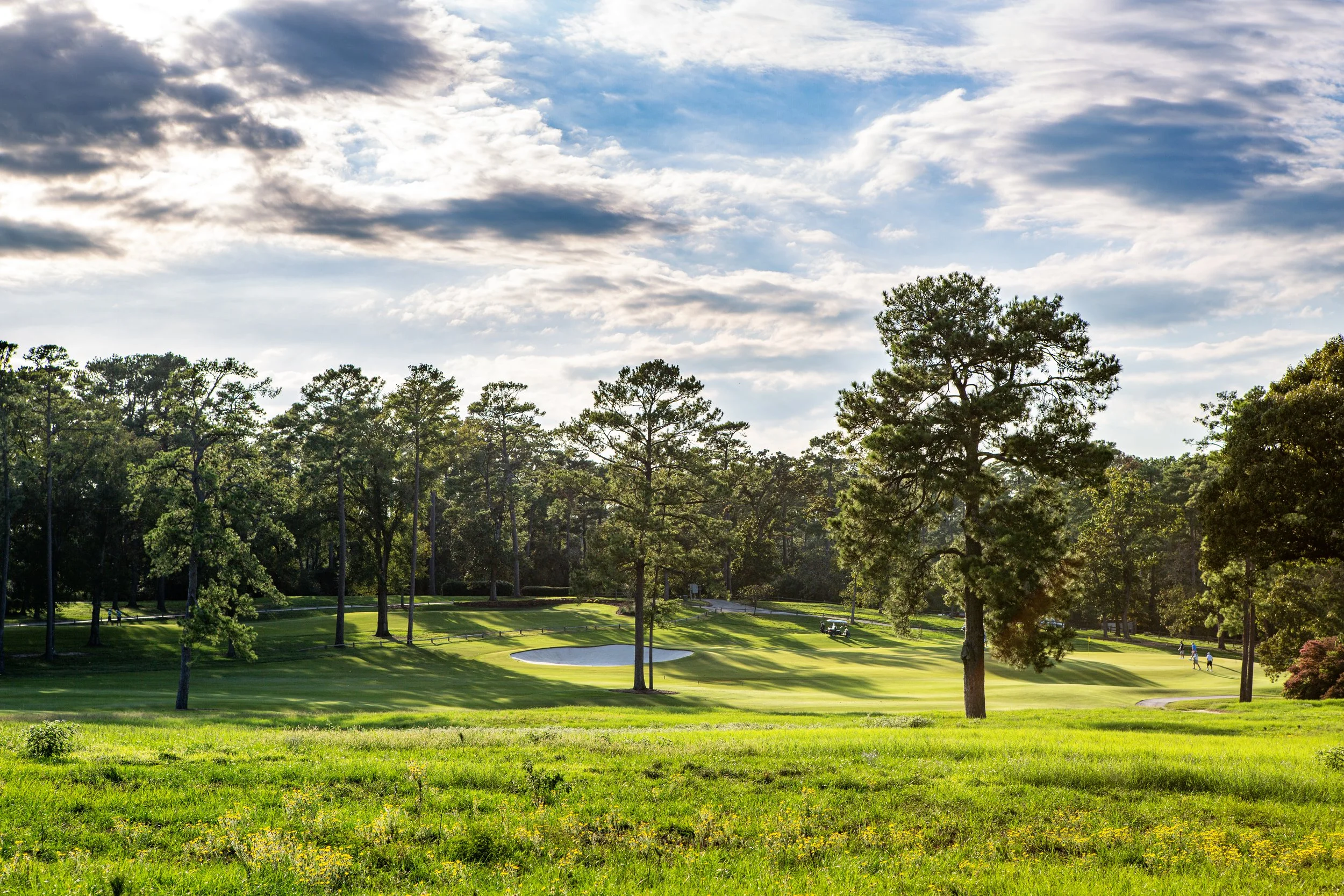 A lush golf course with green grass, tall trees, sand bunkers, and a few people playing under a partly cloudy sky.