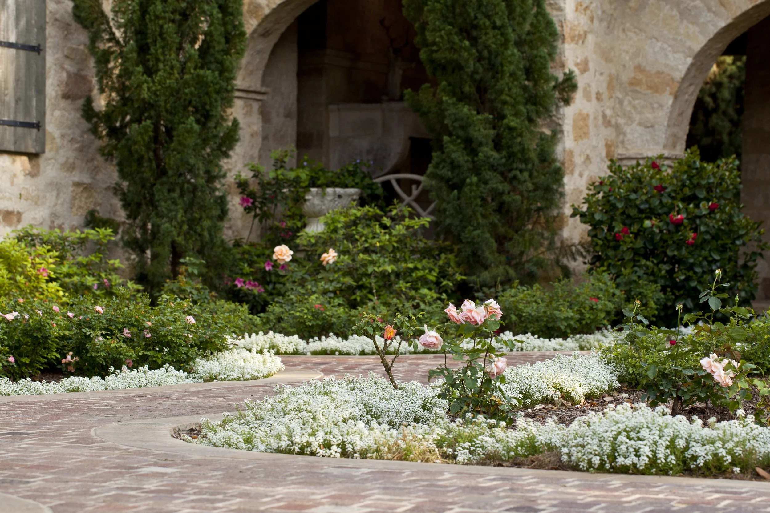 A brick walkway in a garden with pink roses, white flowers, green shrubs, and a stone wall with arches.