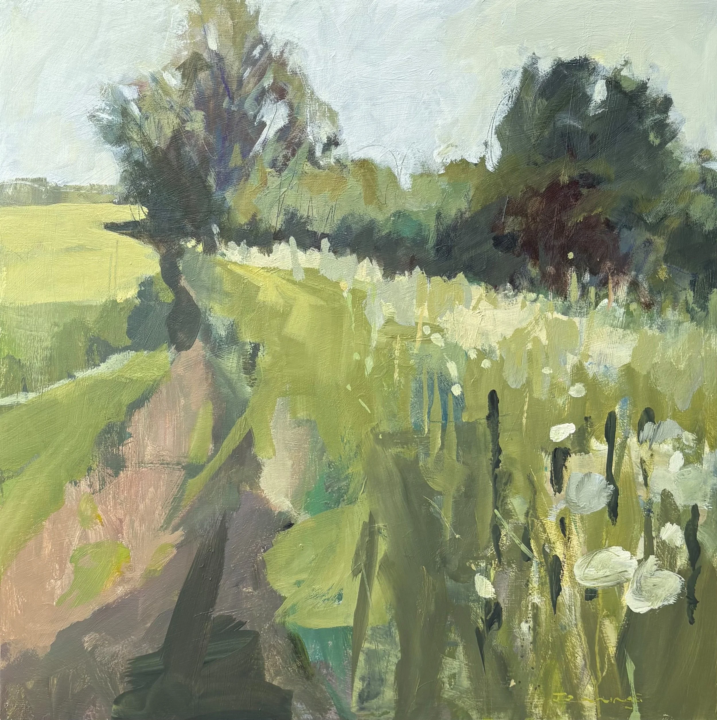 An abstract landscape painting of a path with green fields and trees