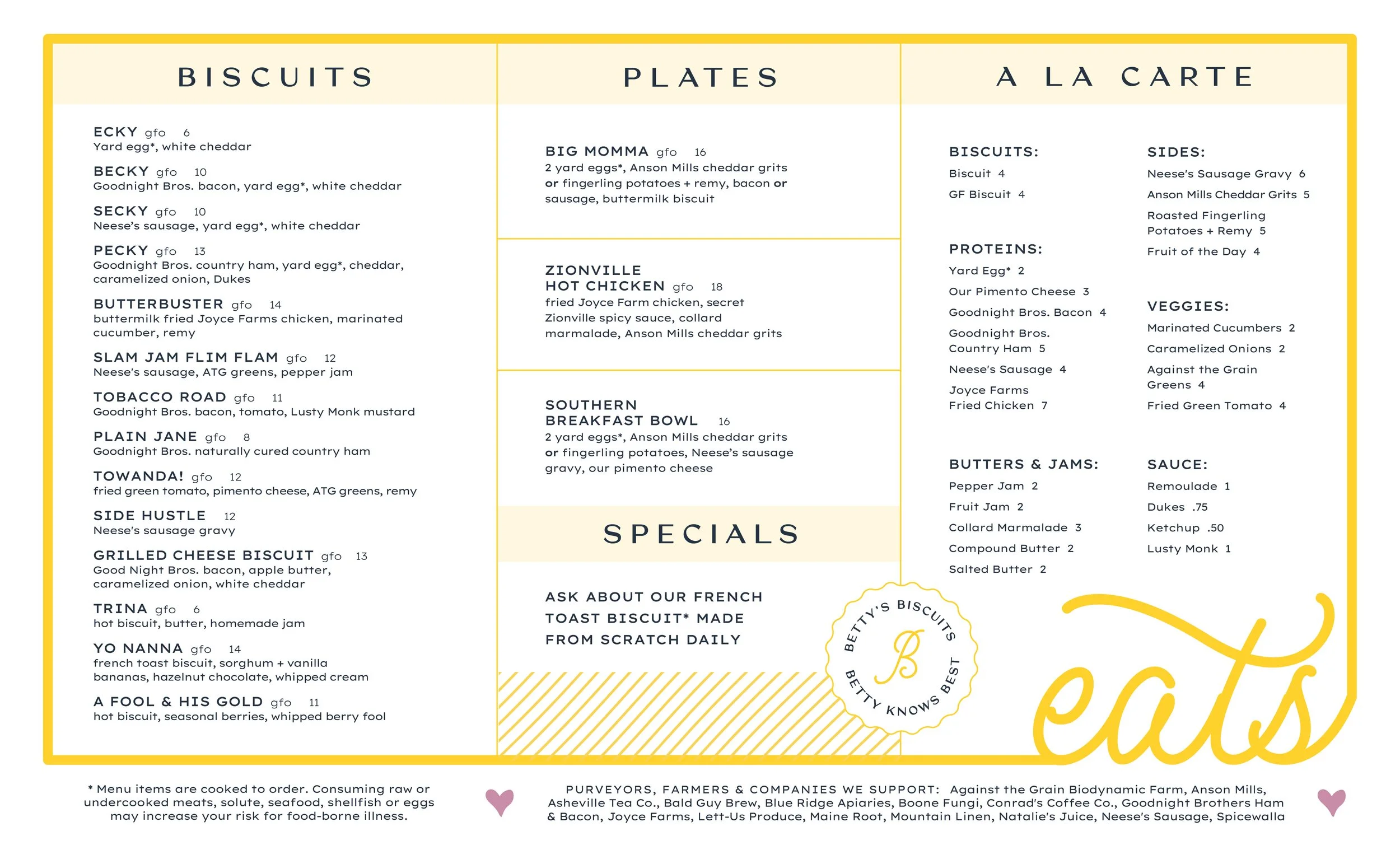 Betty's Biscuits Food Menu