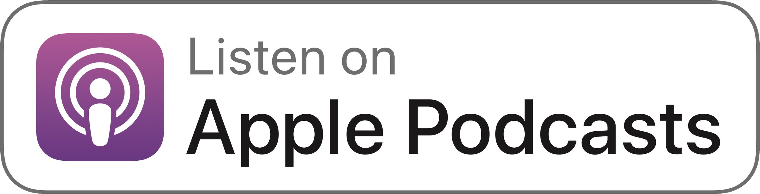 Podcast app icon with purple background and white microphone logo, with text 'Listen on Apple Podcasts'.