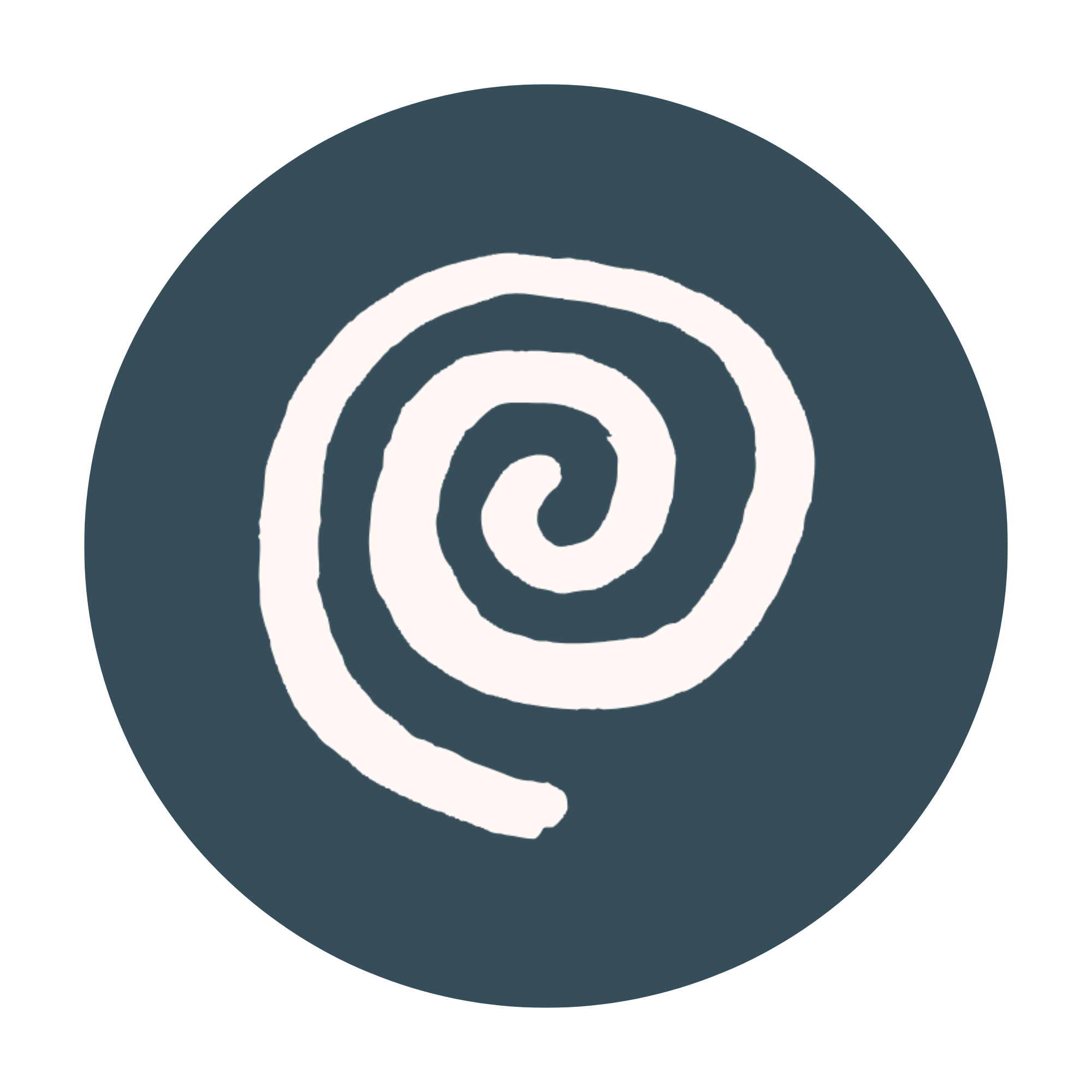 White spiral icon inside of a blue circle