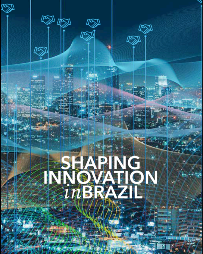 Imagem de uma paisagem urbana de noite no Brasil, com arranha-céus iluminados, cenas futurísticas e elementos gráficos de tecnologia, incluindo mãos entrelaçadas e linhas de conexão, com o texto 'Shaping Innovation in Brazil'.
