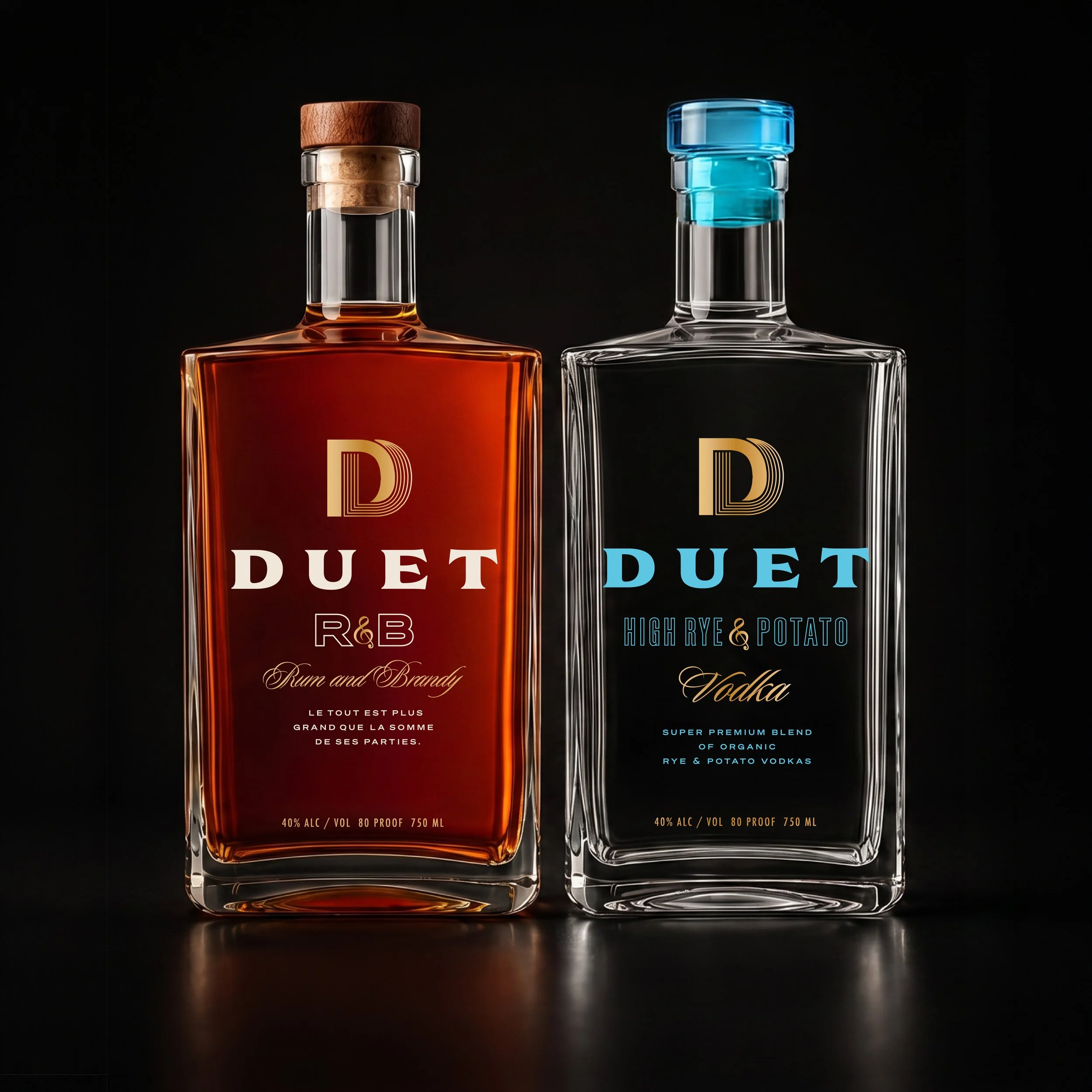 Two bottles of Duet vodka, one with rum and brandy flavor and the other with high rye and potato flavor, set against a dark background. The left bottle contains amber-colored liquid with a wooden cap, and the right bottle contains colorless liquid with a blue cap.