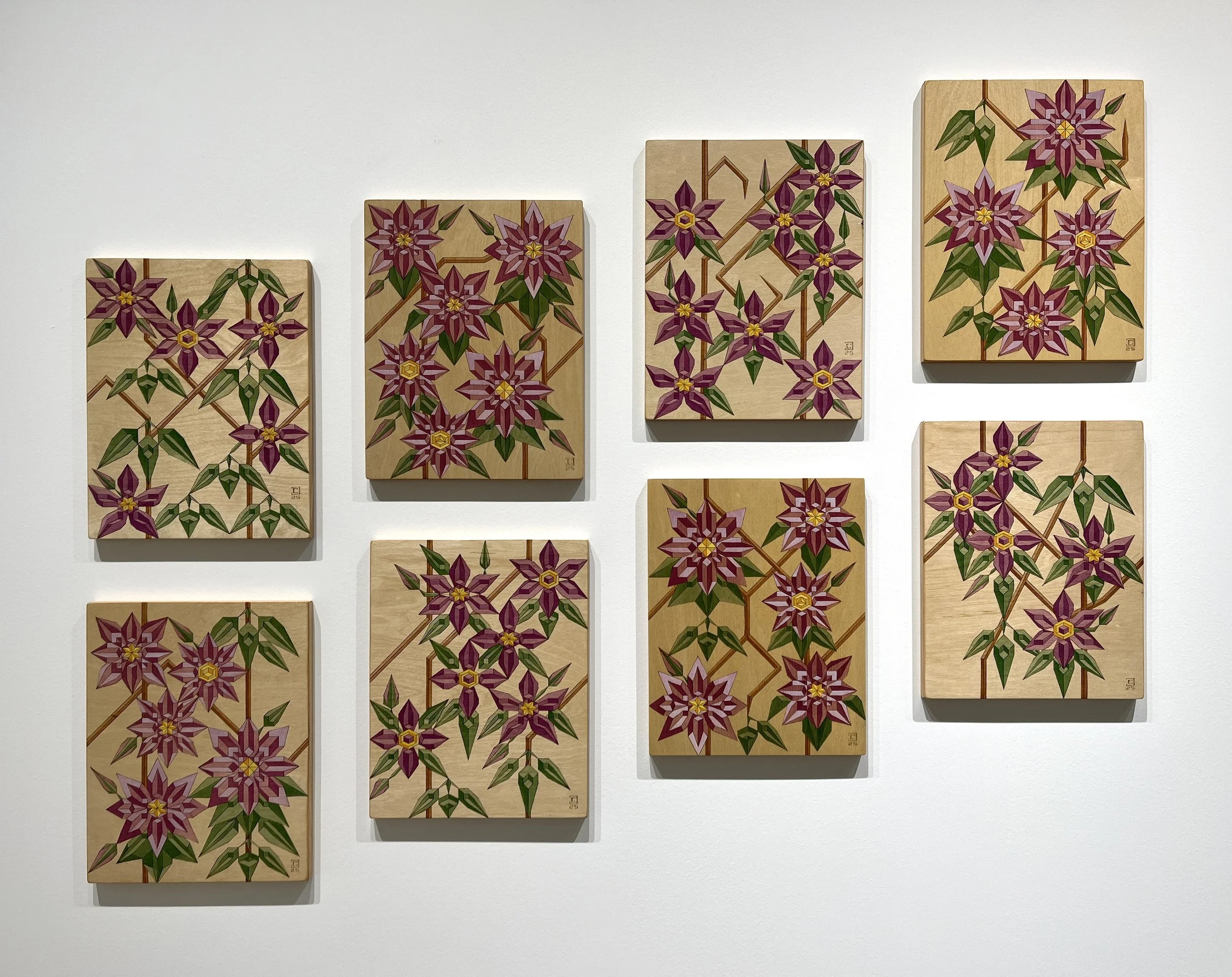 Purple and Dr. Ruppel Clematis: Pyrography and Oil on Birch- Eight 11”x14” panels- 2025