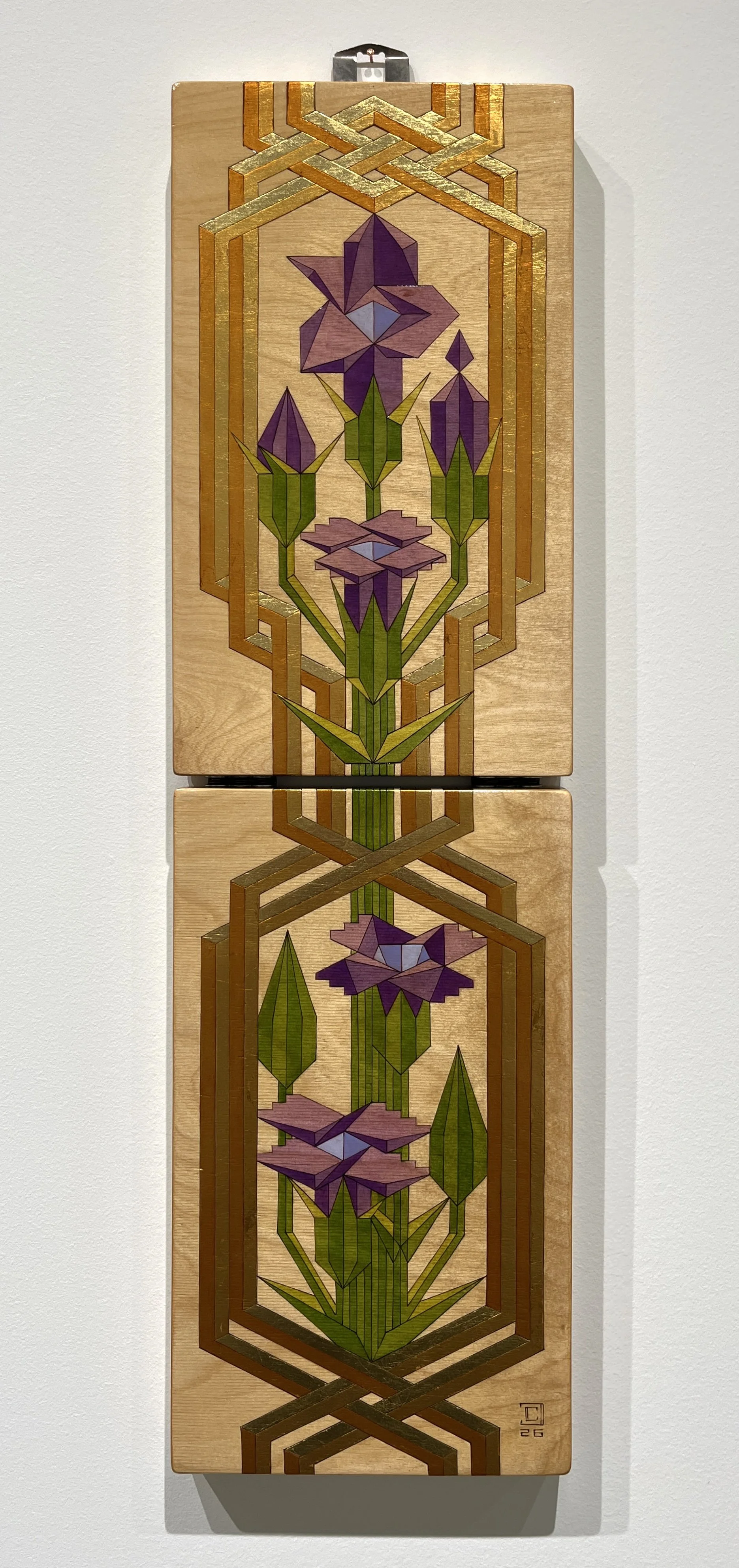 Fringed Gentian Case: Pyrography, Metal Leaf and Oil on Birch- Two 8”x12 panels- 2026
