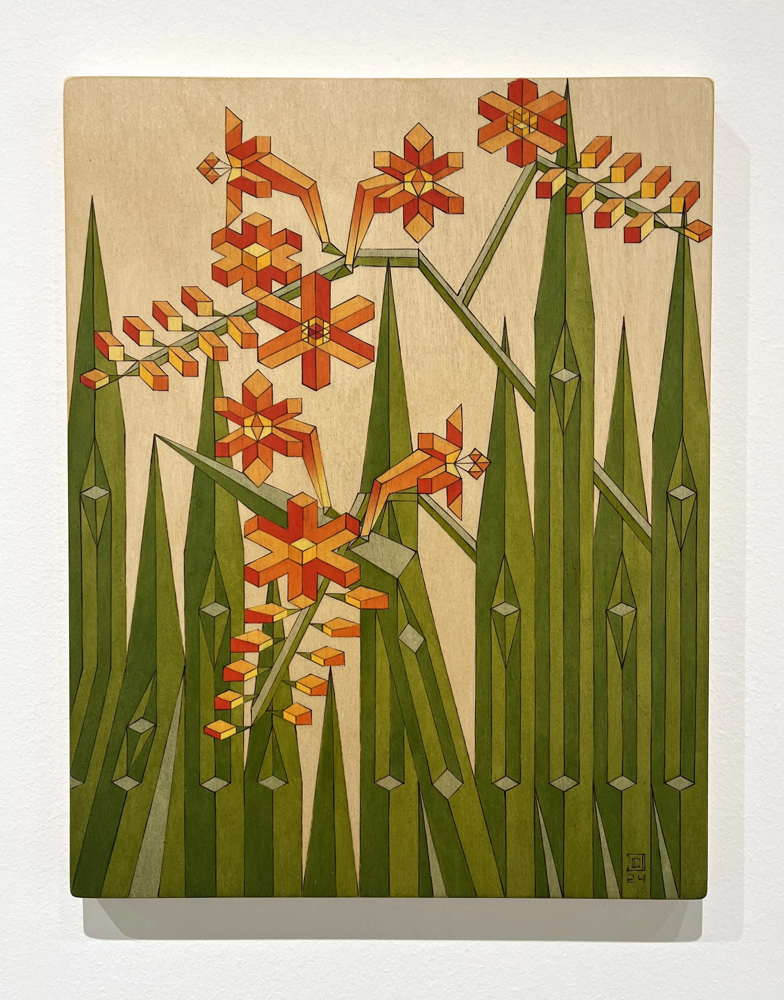 Crocosmia Field: Pyrography and Oil on Birch Panel- 11”x14”- 2024