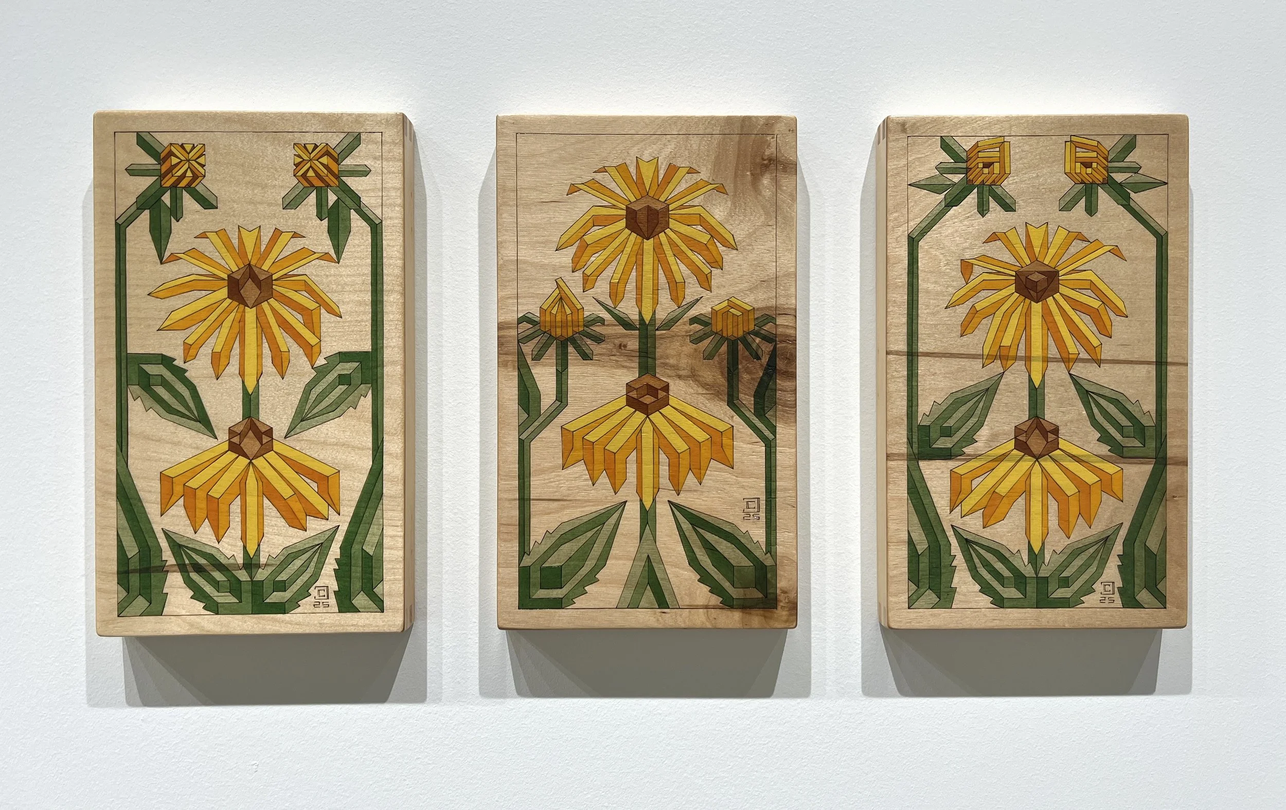 Black-eyed Susan Tiles: Pyrography and Oil on Birch- Three 7”x12 panels- 2025