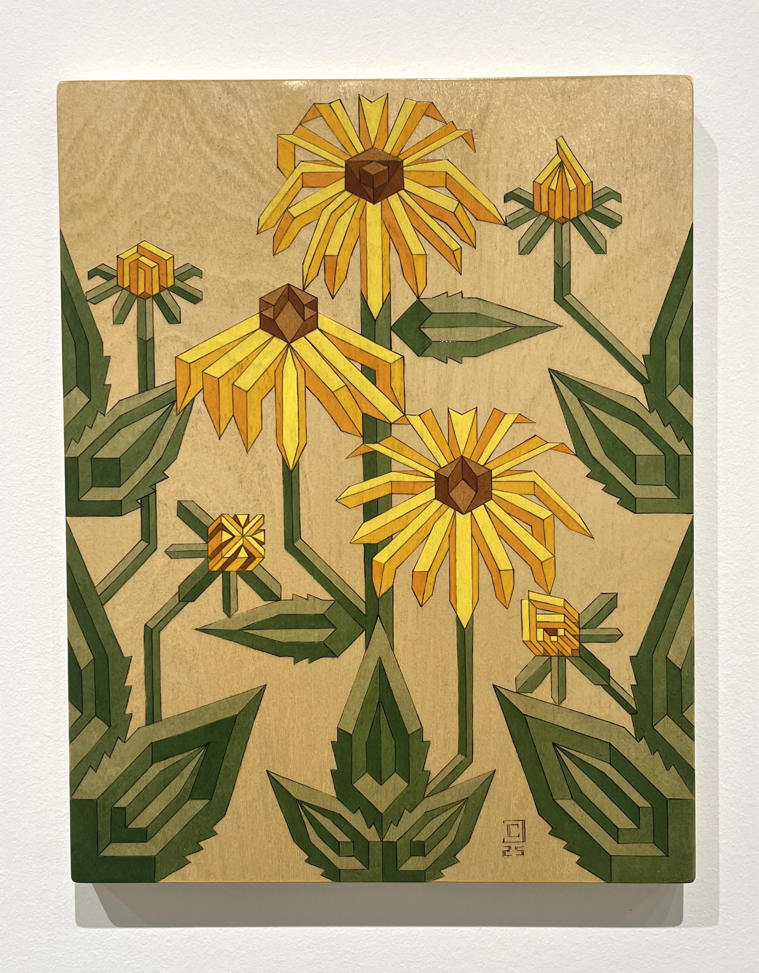 Black-eyed Susans: Pyrography and Oil on Birch panel- 11”x14”- 2025