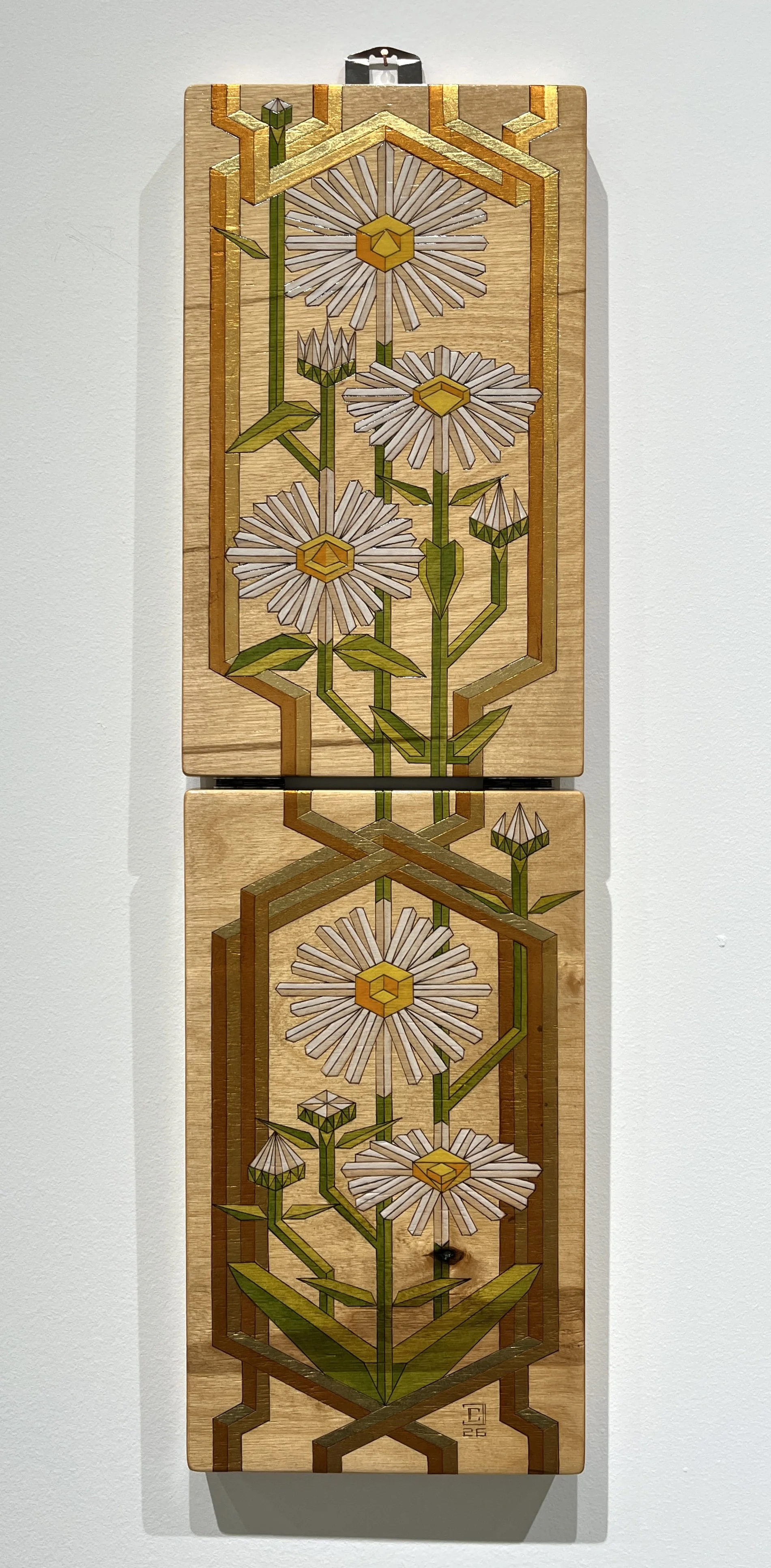 Daisy Case: Pyrography, Metal Leaf and Oil on Birch- Two 7”x12” panels- 2026
