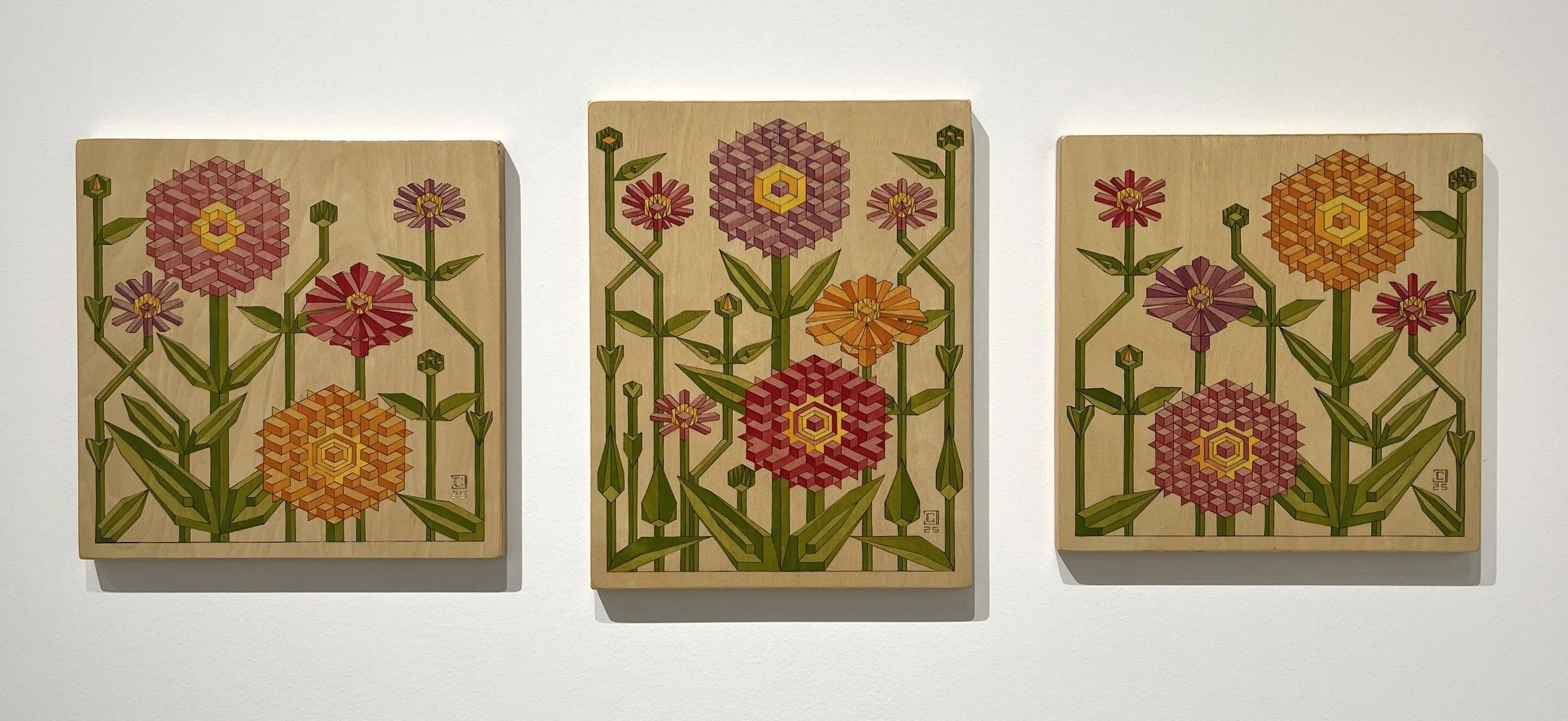 Zinnia Tiles: Pyrography and Oil on Birch- One 11”x14” and Two 12”x12” panels- 2025
