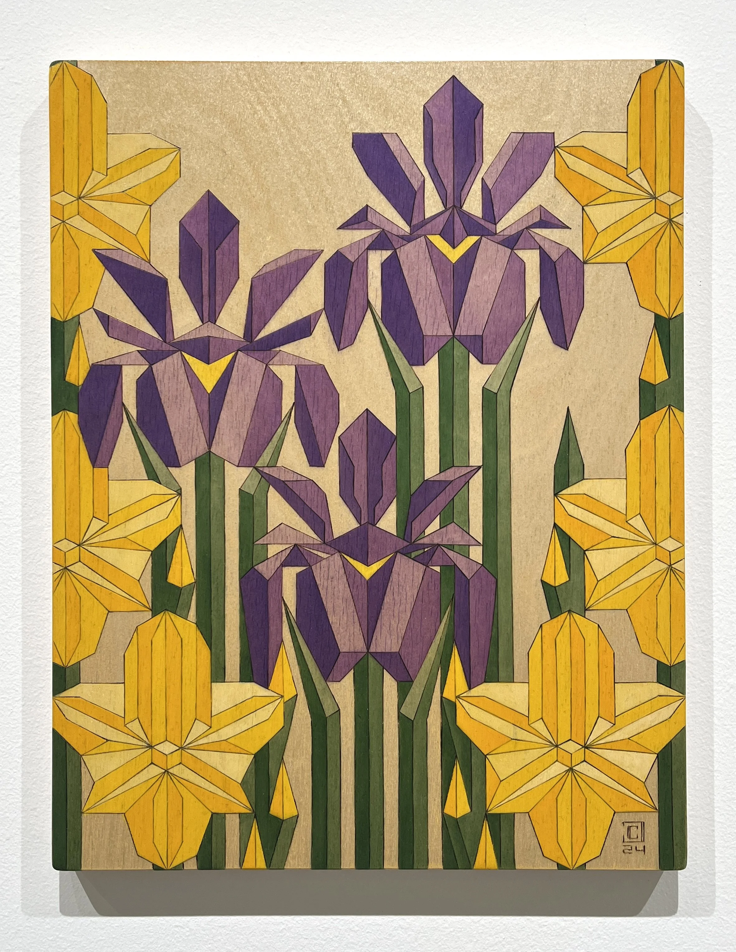 Siberian Iris and Gladiolus: Pyrography and Oil on Birch- 11”x14”- 2024
