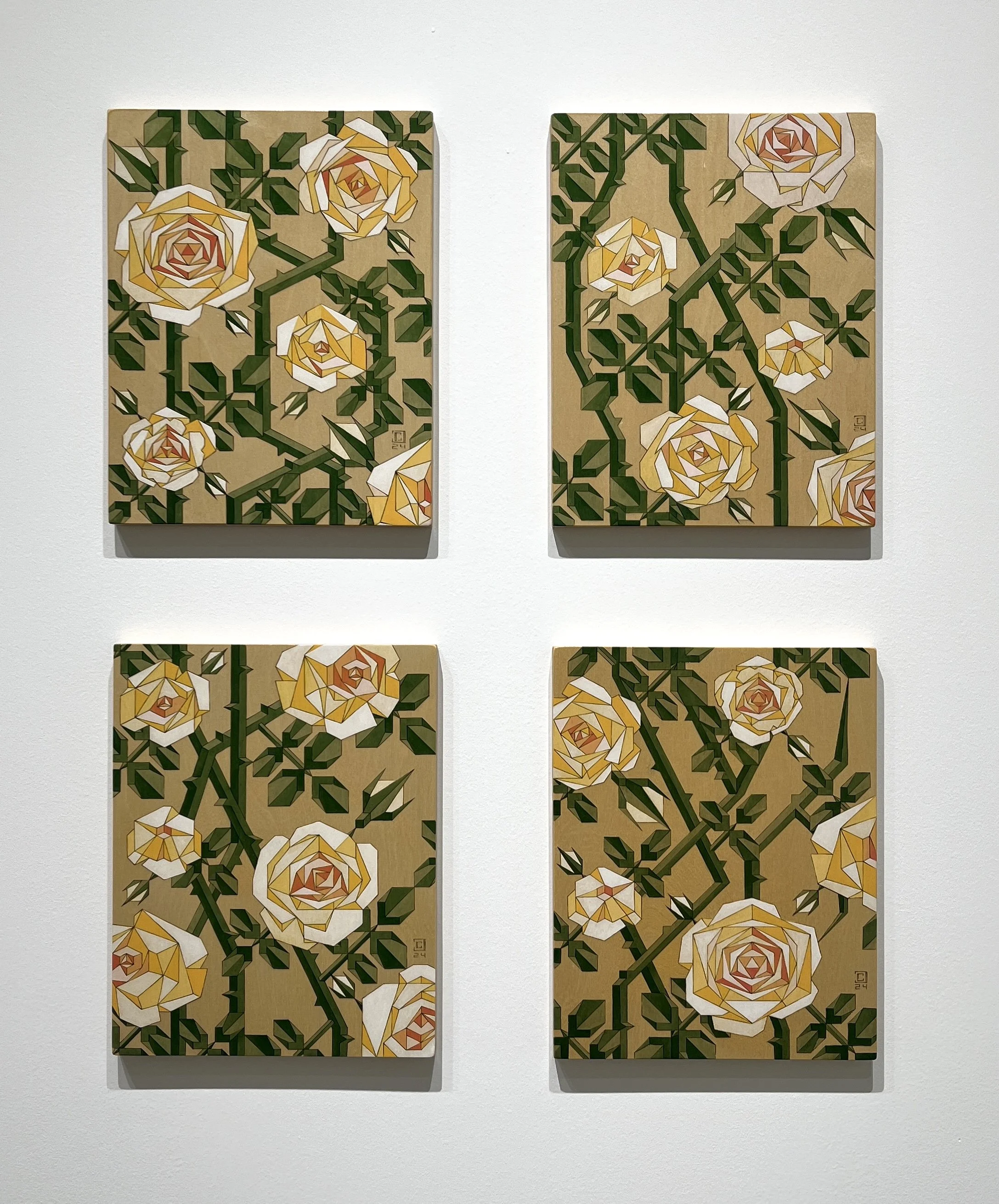 Eden Climbing Rose: Pyrography and Oil on Birch- Four 11”x14” panels