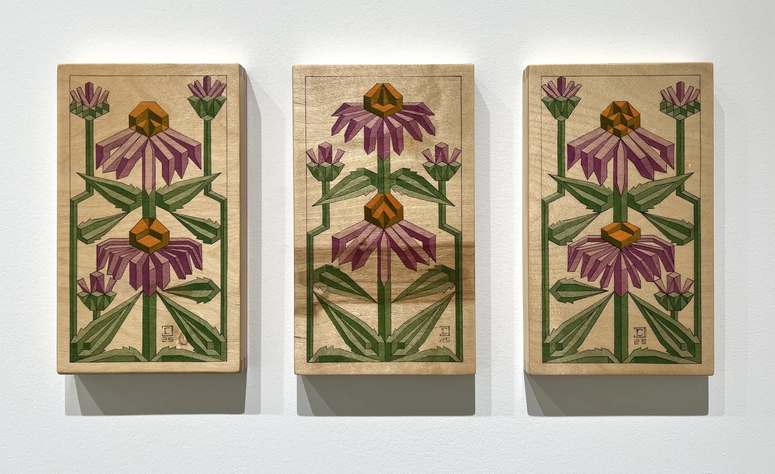 Echinacea Tiles: Pyrography and Oil on Birch- Three 7”x12” panels- 2025