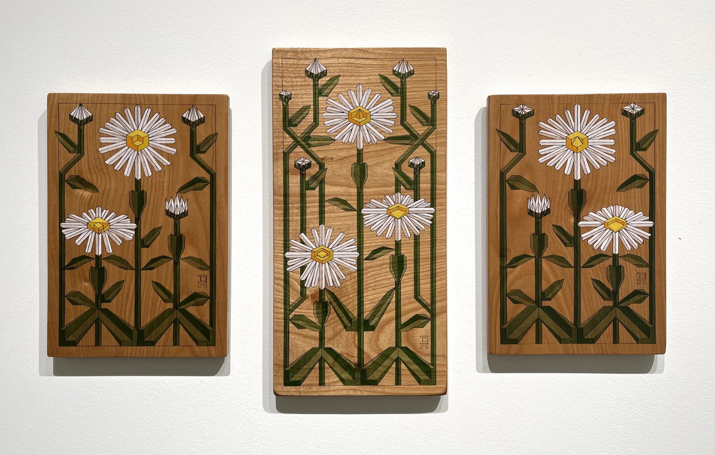 Shasta Daisy Tiles: Pyrography and Oil on Birch-
One 8”x16” and Two 8”x12 panels- 2025
