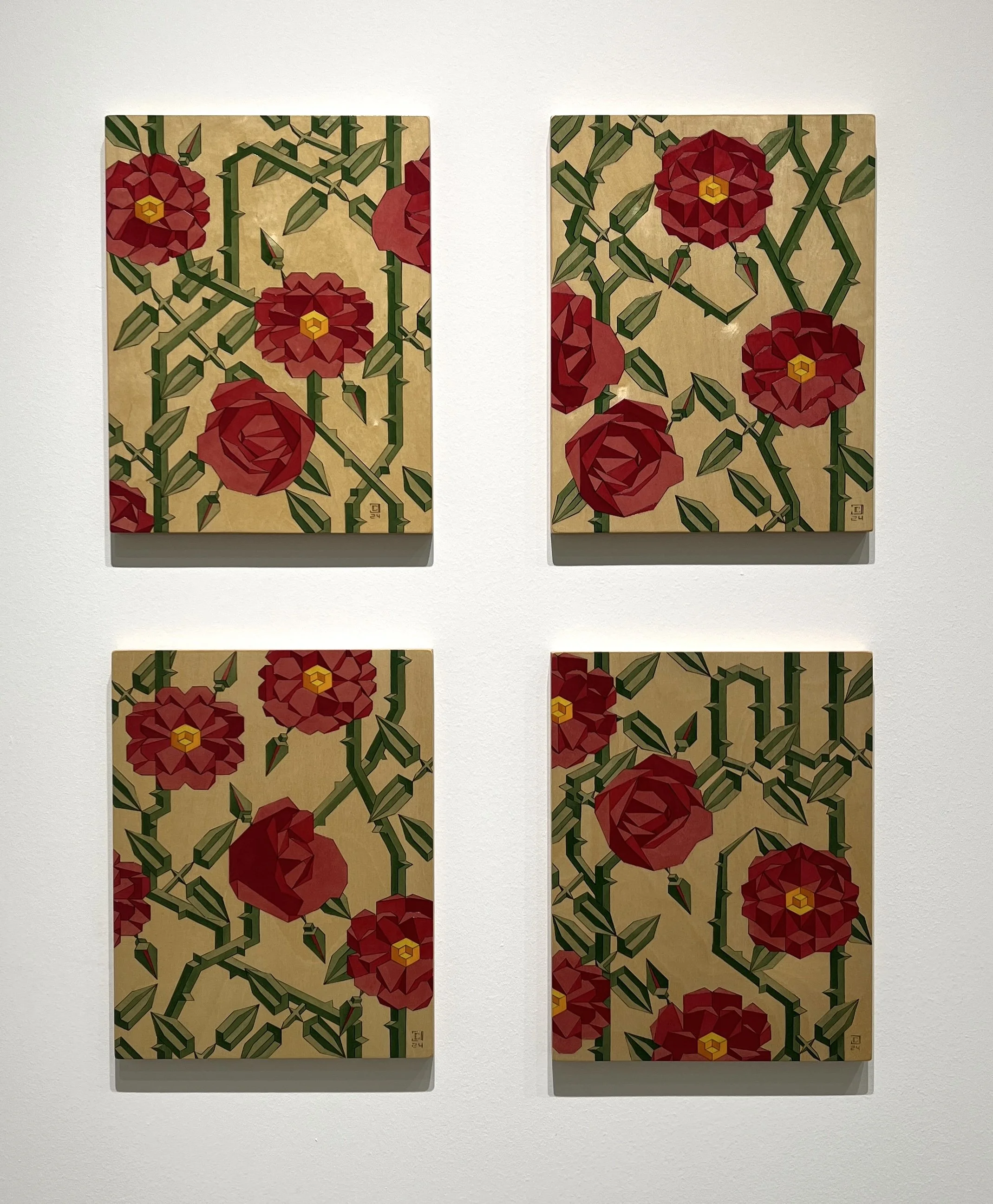 Doctor Huey Climbing Rose: Pyrography and Oil on Birch- Four 11”x14” panels- 2024