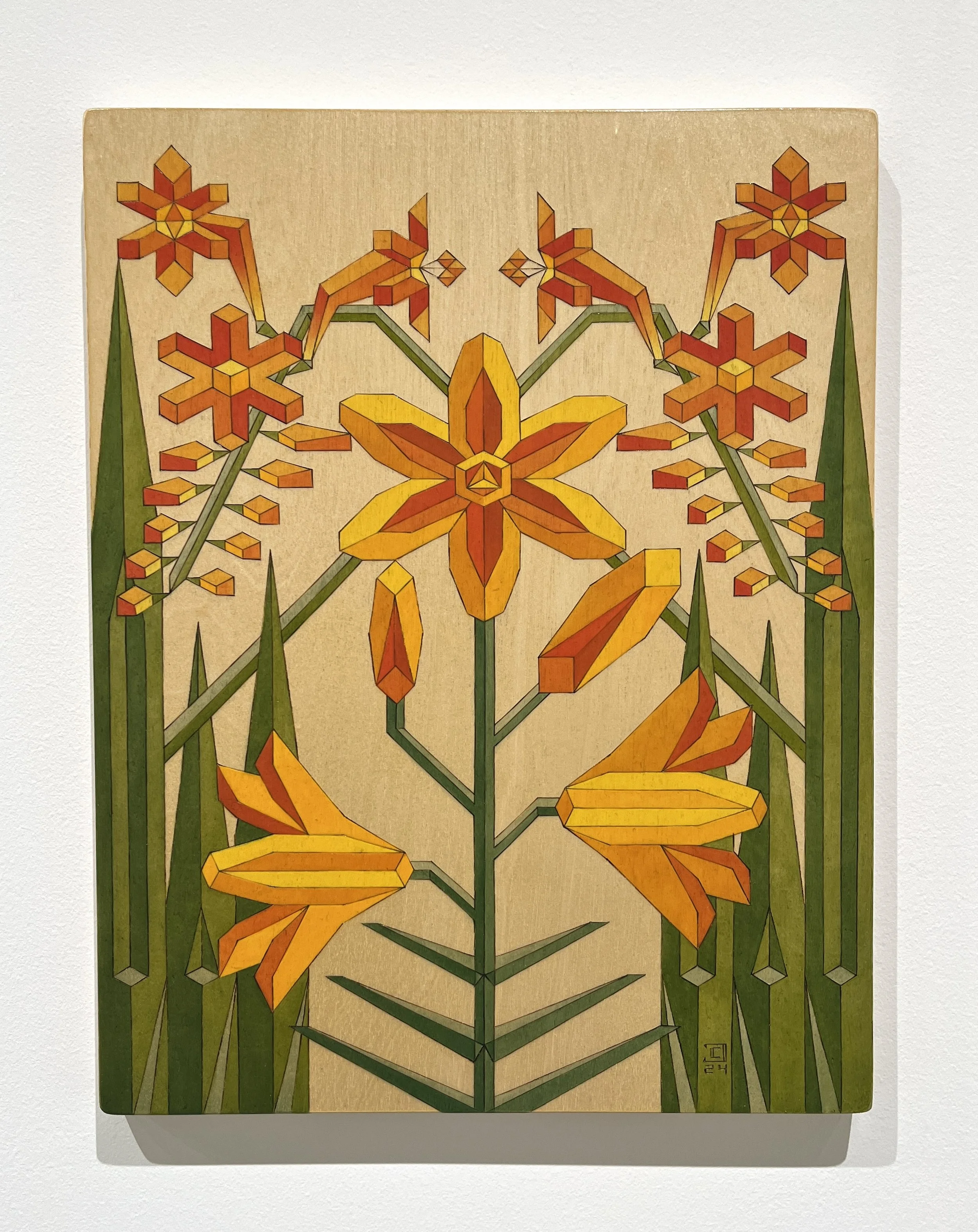 Lily and Crocosmia: Pyrography and Oil on Birch Panel- 11”x14”- 2024
