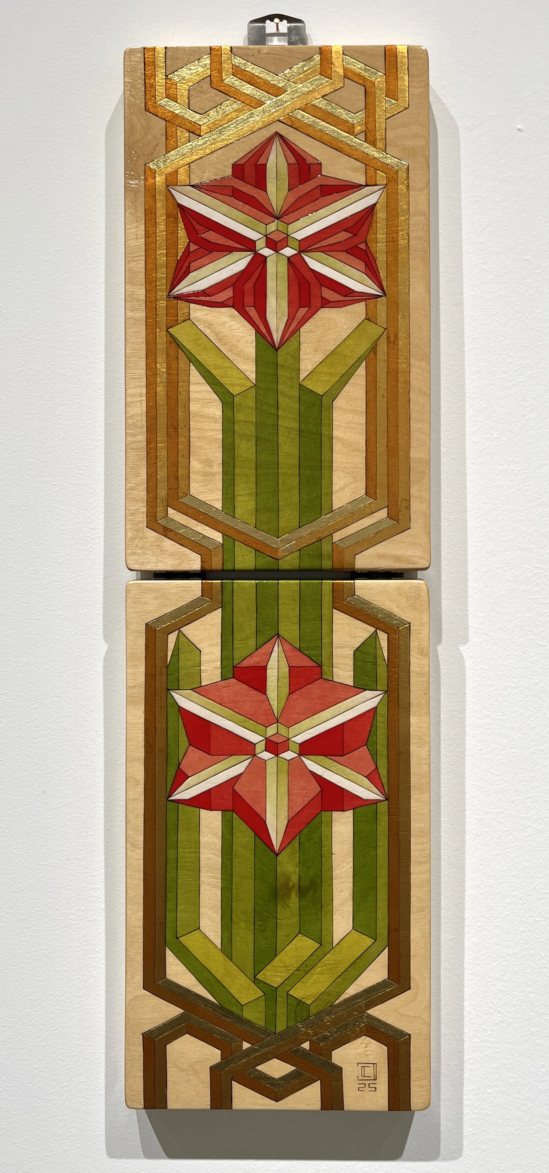 Amaryllis Case: Pyrography, Metal Leaf and Oil on Birch- Two 7”x12” panels- 2025