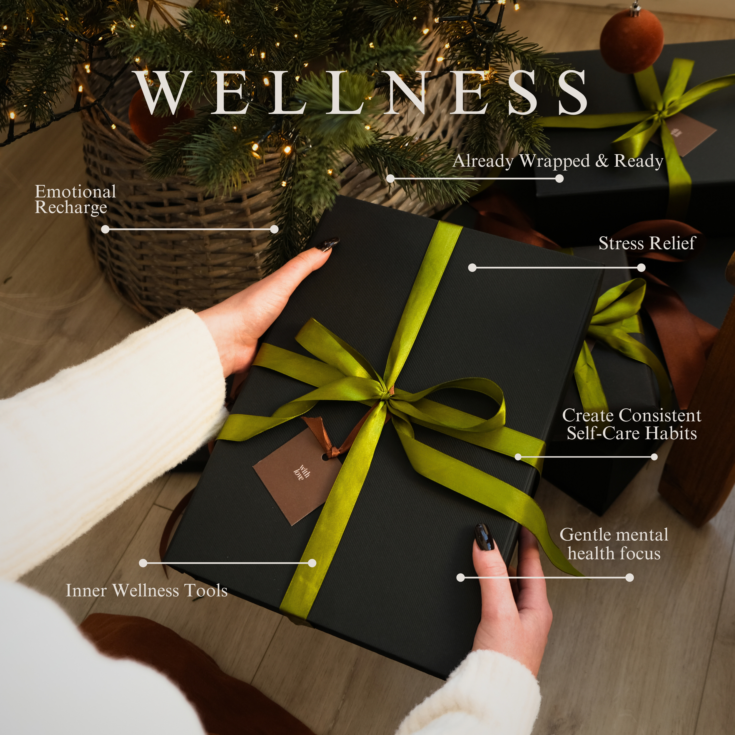Wellness gift for her under Christmas tree with women holding gift box
