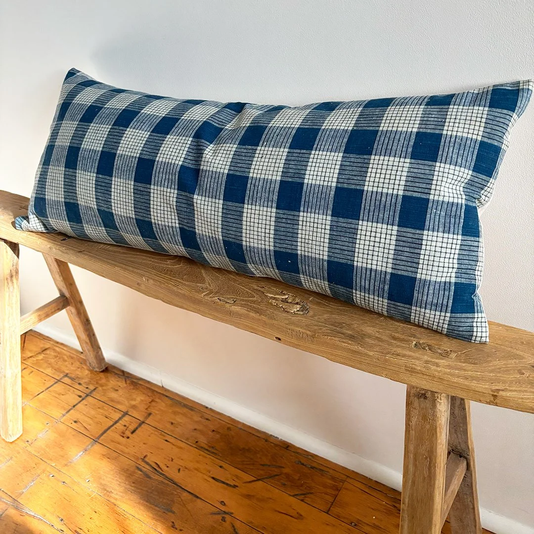 Blue Plaid Lumbar Pillow 14 x 36"