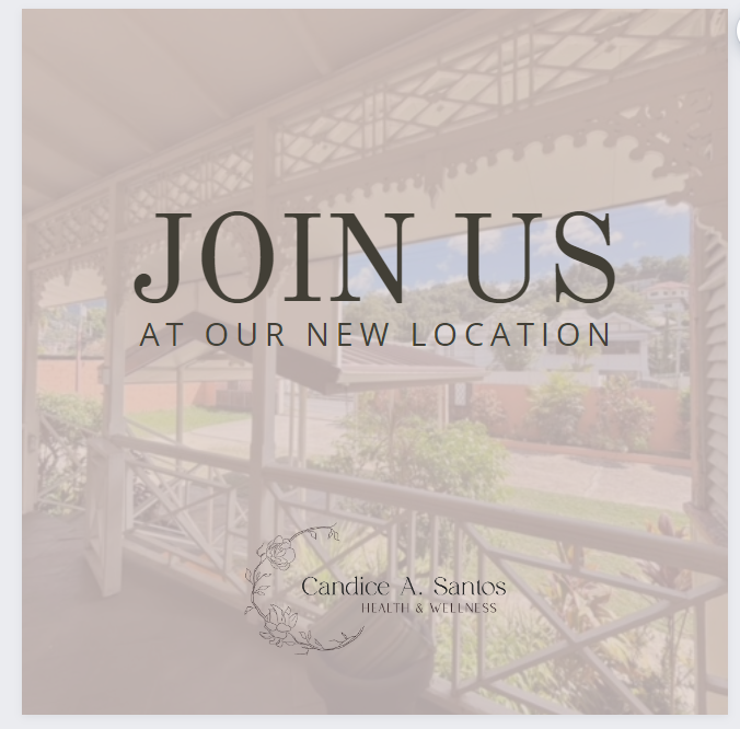 Invitation to join Candice A. Santos for a health and wellness event at a new location, featuring a porch with decorative trim, lush greenery, and a sunny backyard view.