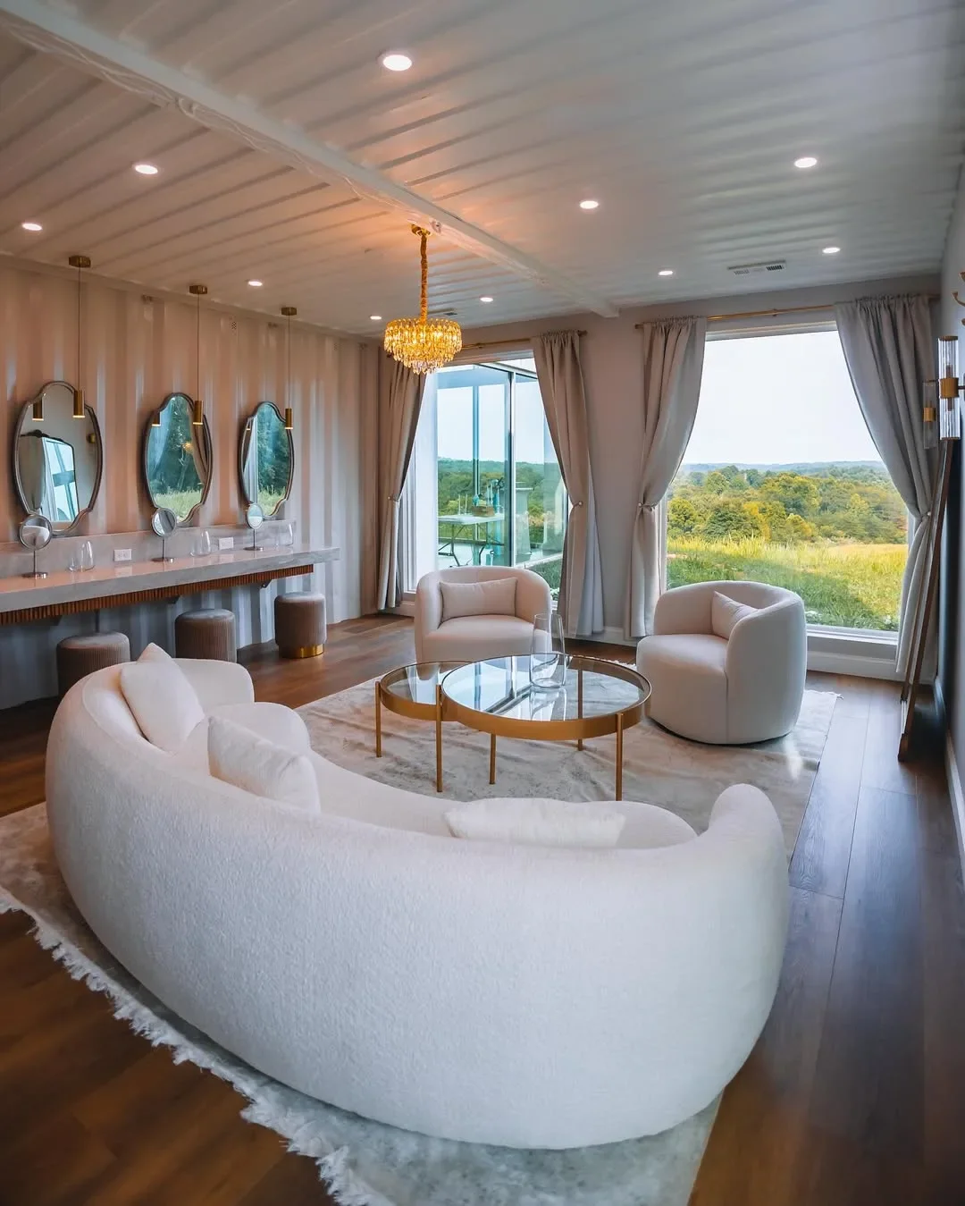 Reception setup inside modern glass wedding venue