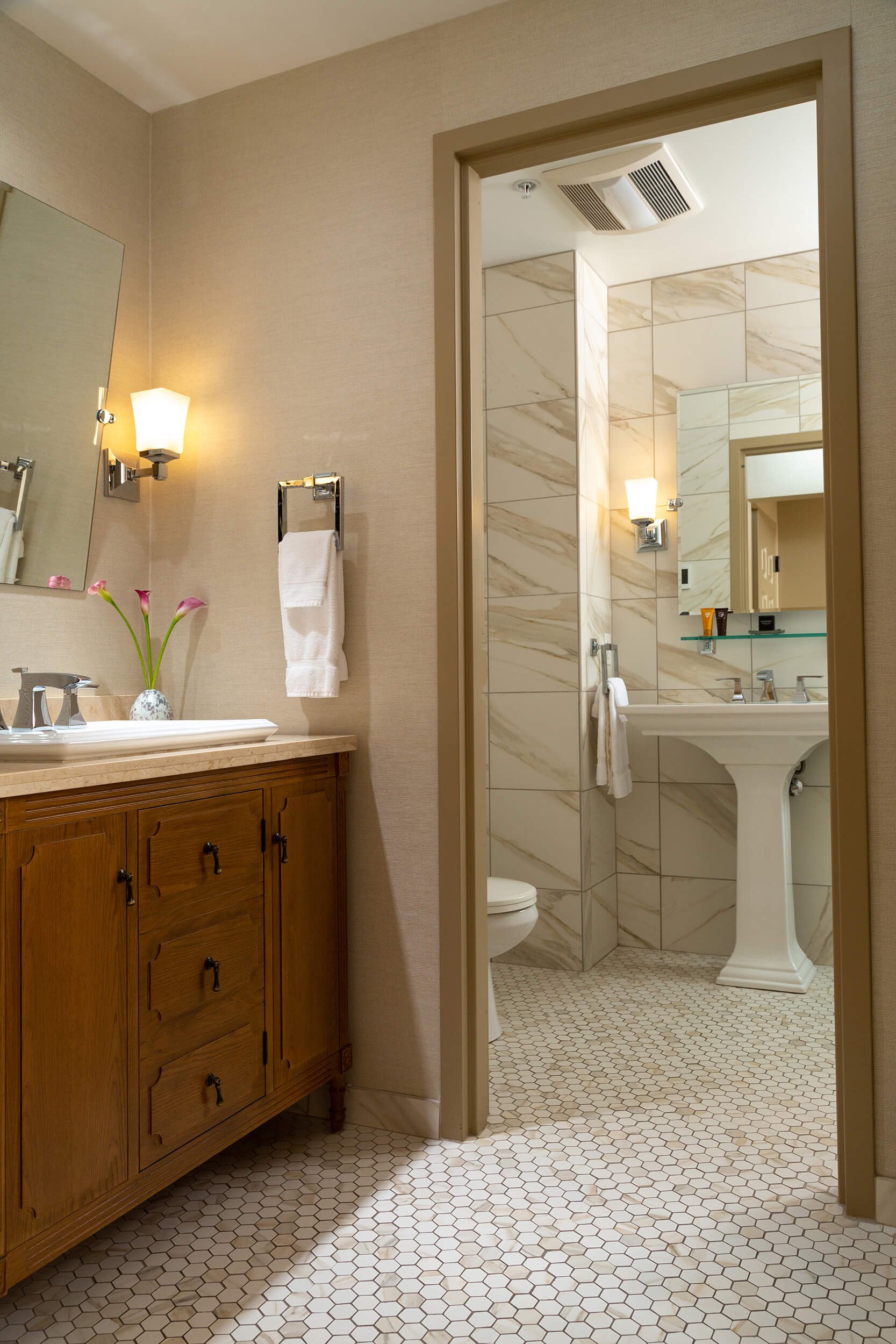 The bathroom of a Queen Deluxe room at Diamond Mills hotel in Saugerties, NY