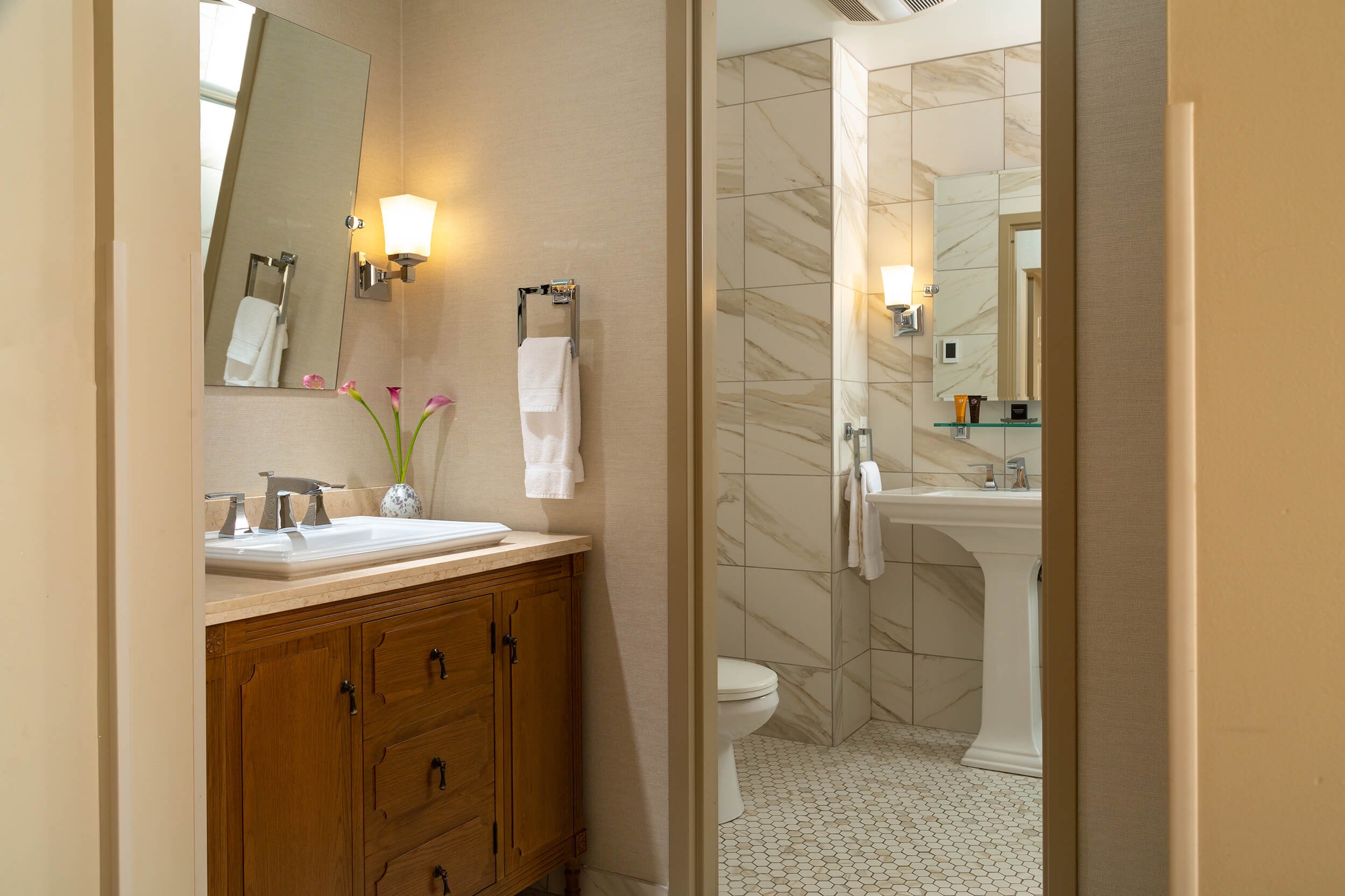 The bathroom of a Queen Supreme room at Diamond Mills hotel in Saugerties, NY