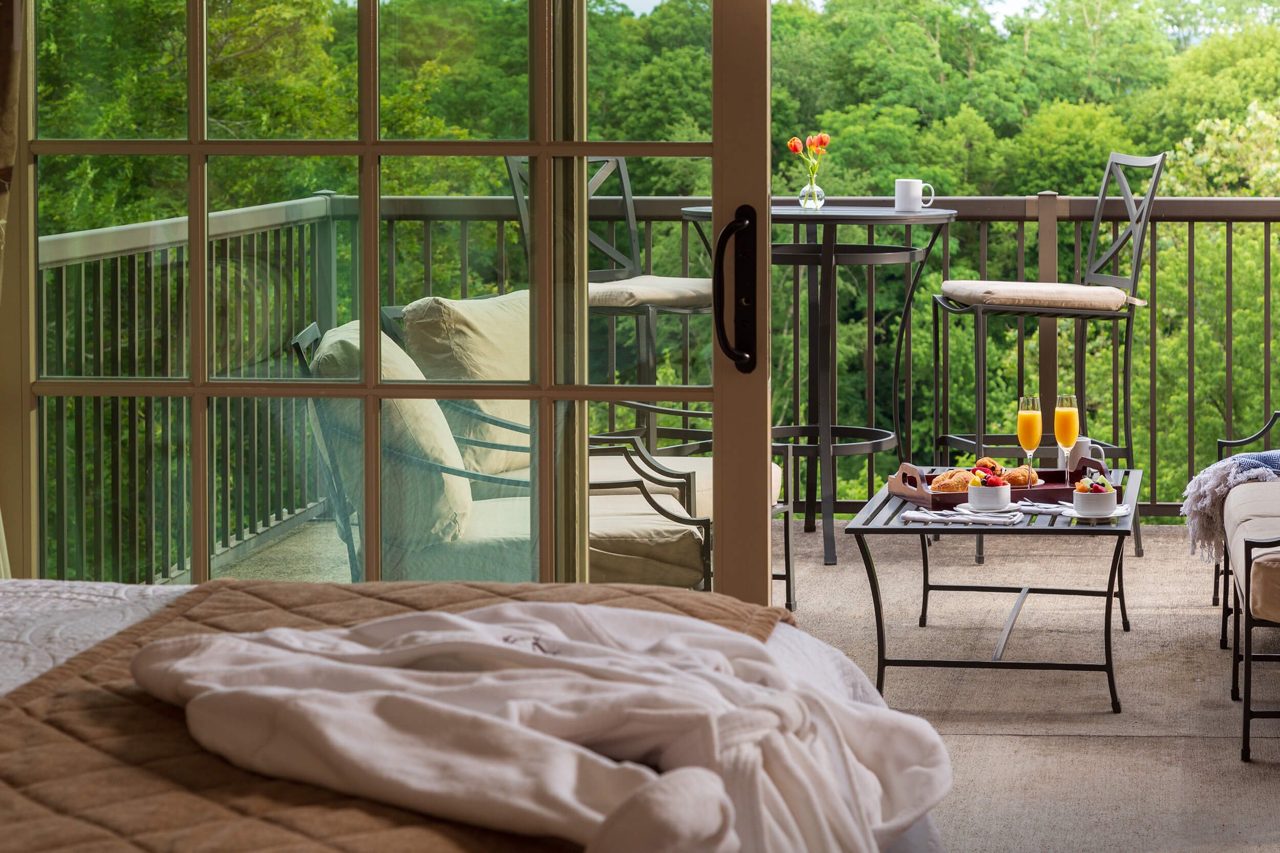 The balcony of a King Supreme room at Diamond Mills hotel in Saugerties, NY