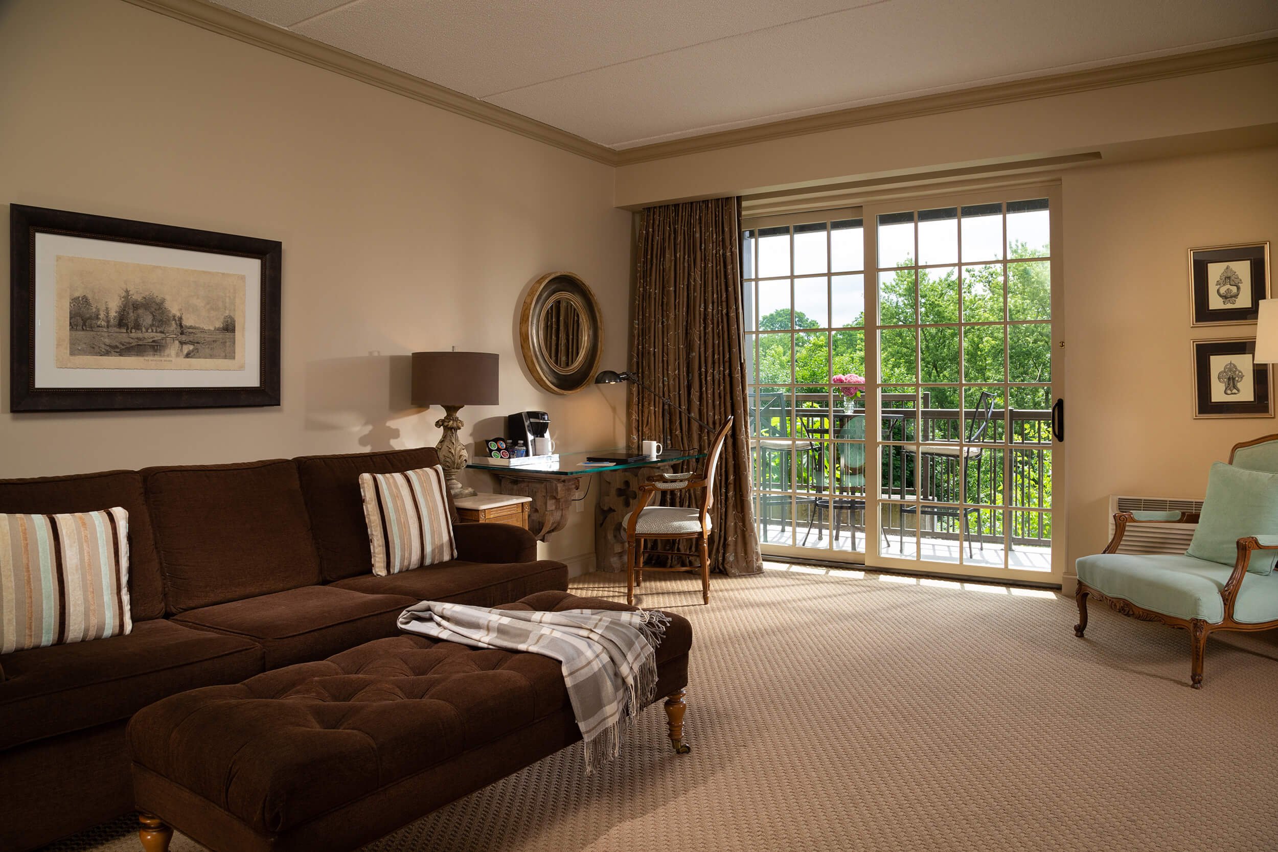 The living space of the Esopus Suite at Diamond Mills hotel in Saugerties, NY