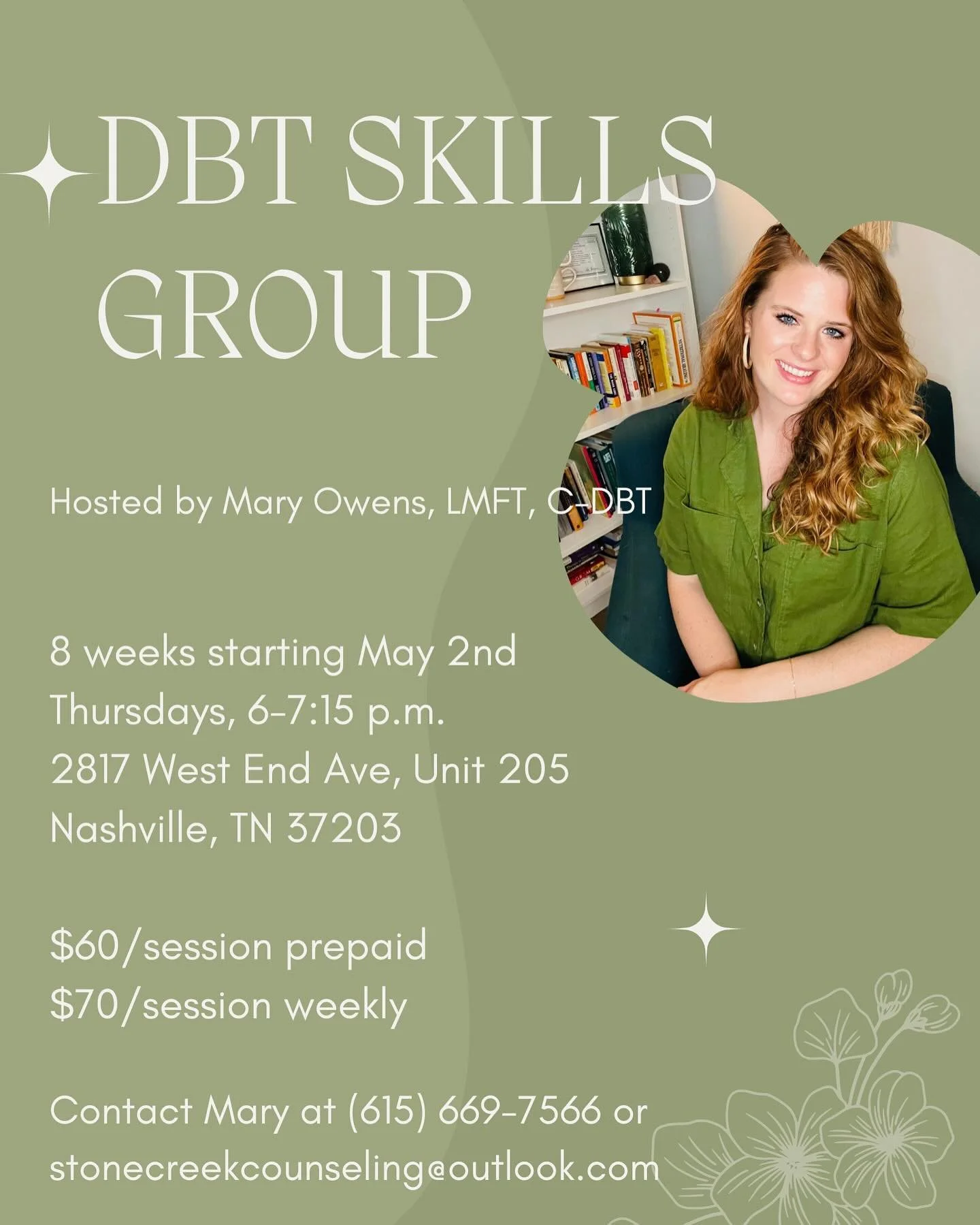 !!NEW GROUP ALERT!!

In this closed 8 week course, members will learn and practice DBT skills in an intimate and interactive group setting.  Attendees will be provided a workbook, given weekly objectives, and have the support of fellow groups mates! 
