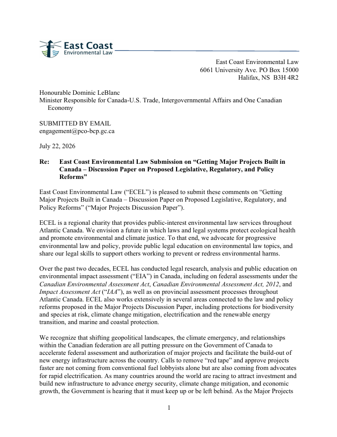 Submission on “Getting Major Projects Built in Canada — Discussion paper on Proposed Legislative, Regulatory, and Policy Reforms”