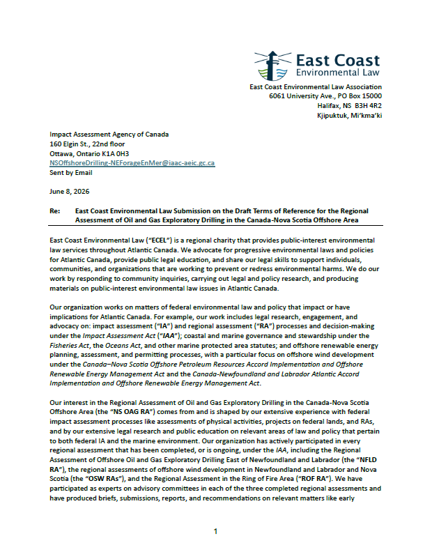 Submission on the Draft Terms of Reference for the Regional Assessment of Oil and Gas Exploratory Drilling in the Canada-Nova Scotia Offshore Area