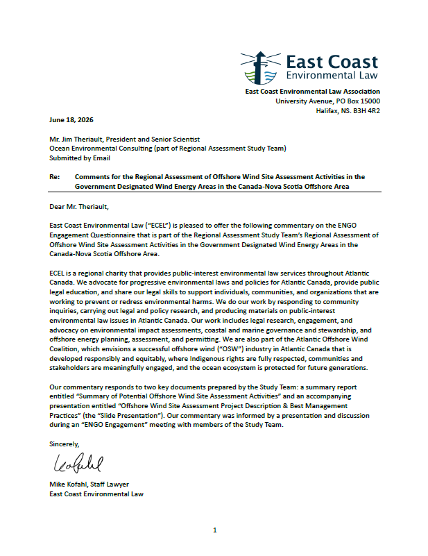 Comments for the Regional Assessment of Offshore Wind Site Assessment Activities in the Government Designated Wind Energy Areas in the Canada-Nova Scotia Offshore Area