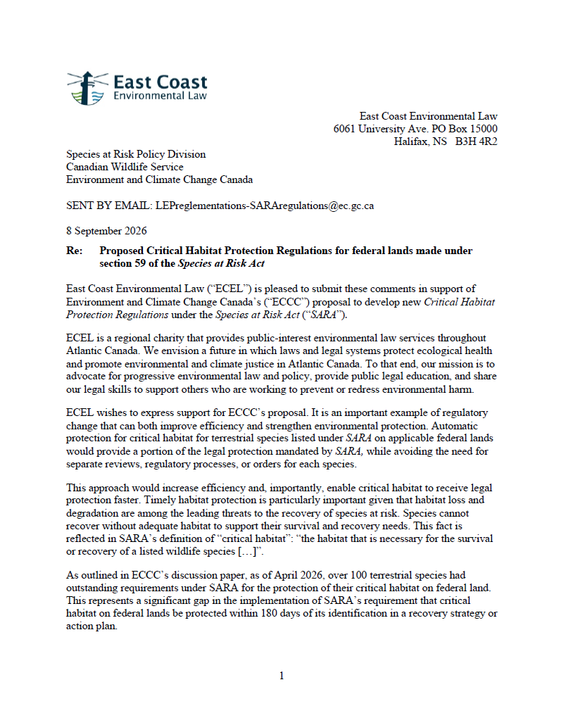 Submission on “Proposed Critical Habitat Protection Regulations for federal lands made under section 59 of the Species at Risk Act”